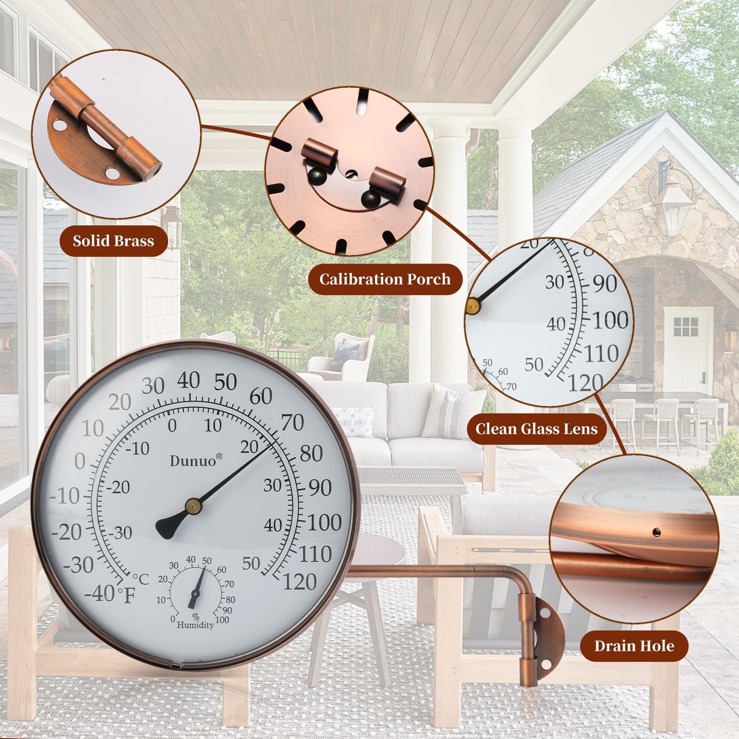 Dunuo 6" Outdoor Thermometer for Greenhouse, Garage and Patio. Weatherproof & Decorative Outside Temperature Gauge for Window, Antique Copper with Humidity (Easy-Read Brass Swivel Design)