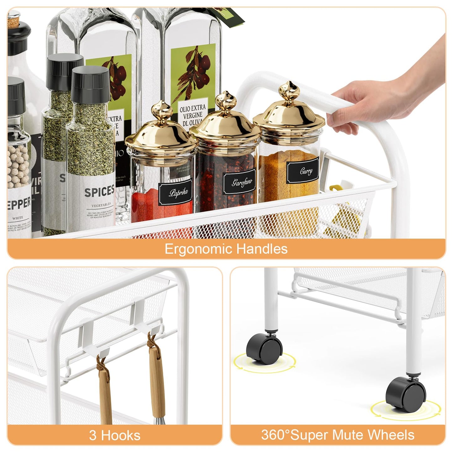TOOLF 4-Tier Rolling Cart, Metal Utility Cart with 3 Hooks, Easy Assemble Mobile Storage Trolley On Wheels, Metal Shelving Units Kitchen Bathroom Laundry Room