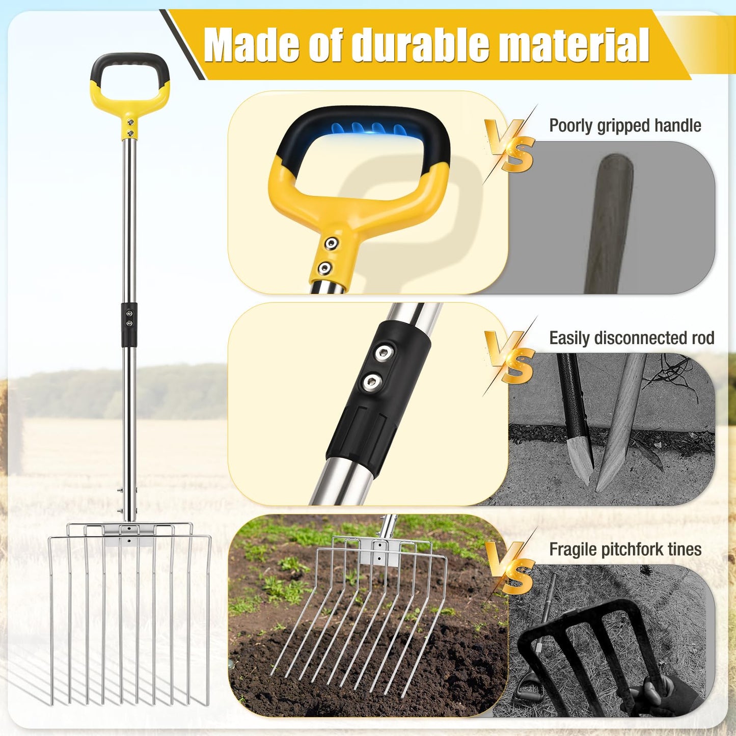 AugFir Pitchfork for Gardening, 50" Multifunctional Stainless Steel Garden Pitchfork with Handle, Suitable for Shoveling, Fertilizing, Transplanting, Mulching Garden Fork - 10 Tines