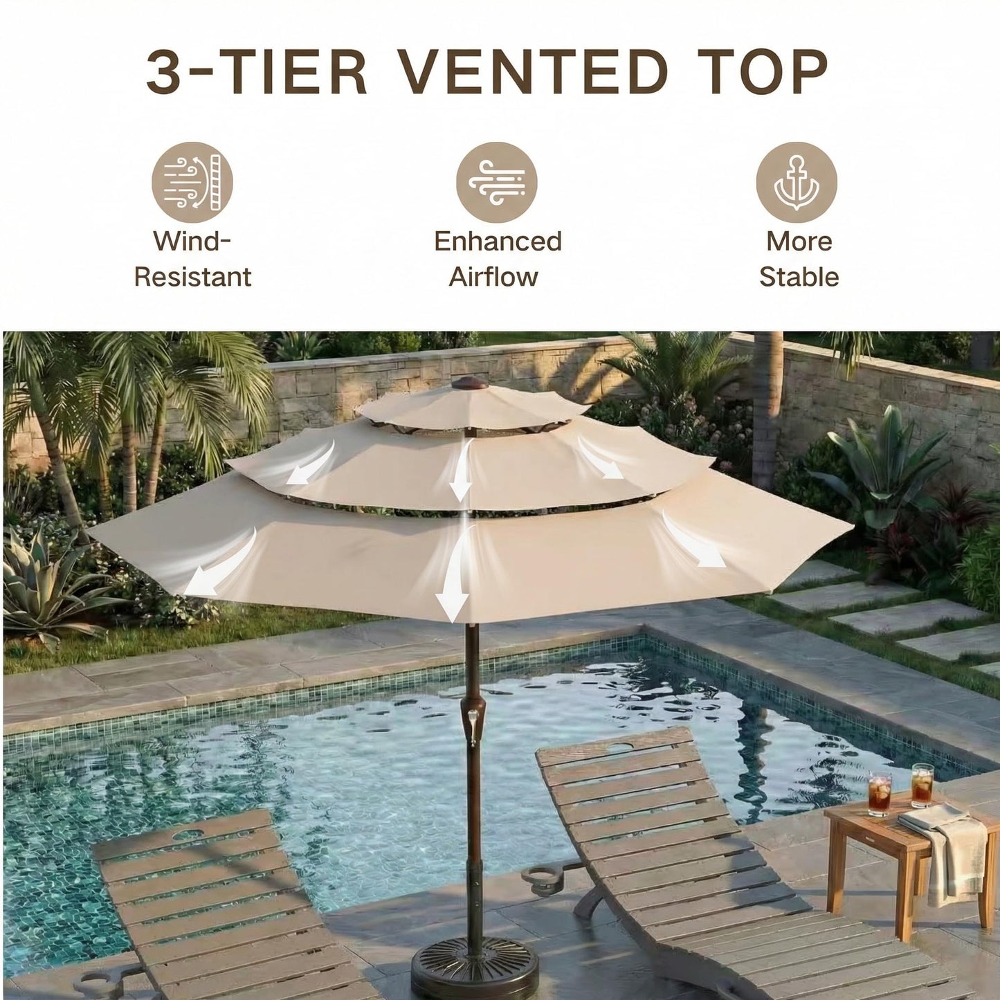 Kingdura 9ft 3-Tier Patio Umbrella, Outdoor Table Umbrella with Easy Crank & Tilt, 8 Reinforced Ribs, UV Protection for Deck, Pool, Market, Backyard (Beige)