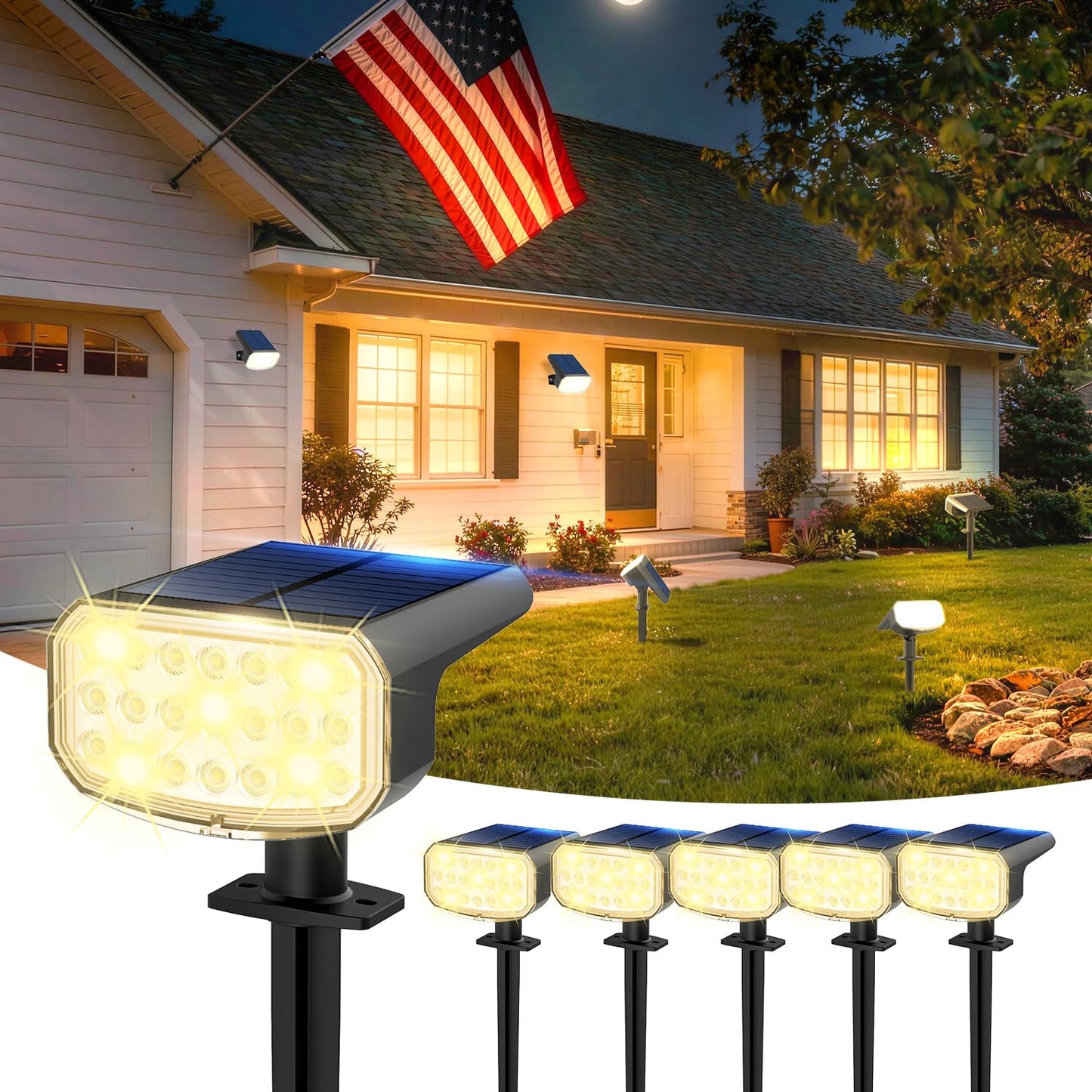 JEJOT Solar Lights Outdoor Waterproof IP65, Super Bright LED with Lens, 3000K 2 Lighting Modes, Solar Powered Yard Garden Solar Spot Lights for Outside Landscape Auto On/Off -6 Pack