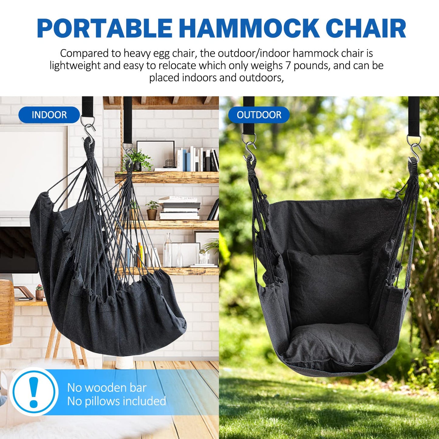 KPX Ourdoor Hanging Hammock Chair – Comfortable Tree Swing Chair Large Size 110X130cm（Without Pillows） - 330 Lbs Weight Capacity (Dark Gray)