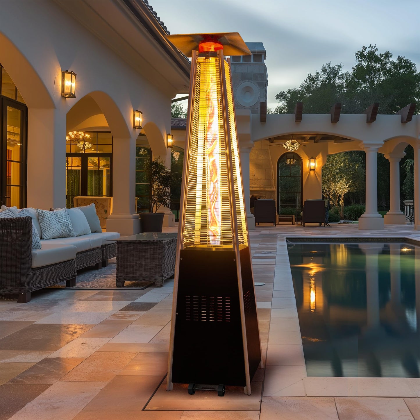 PATIOPIA 48,000 BTU Flame Pyramid Pool Heater With Cover, Triple Safety Protection Portable Patio Heater with Patio Cover, Warm Glass Tube with Durable Wheels-Black