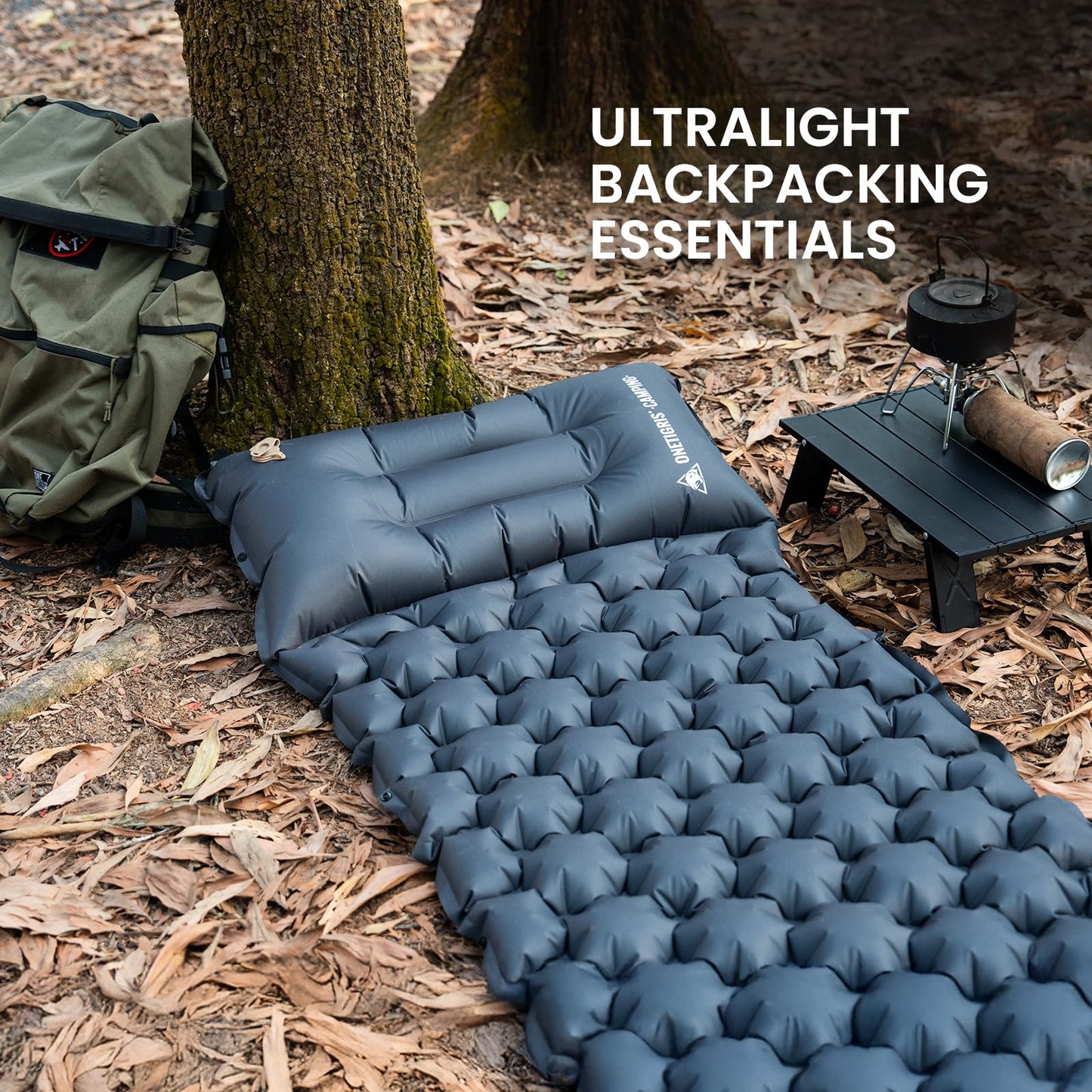 ONETIGRIS Blackcrystal Sleeping Pad, Ultralight Camping Sleeping Pad with Pillow Built-in Foot Pump Inflatable Sleeping Mat Compact for Camping Backpacking Hiking Traveling Tent