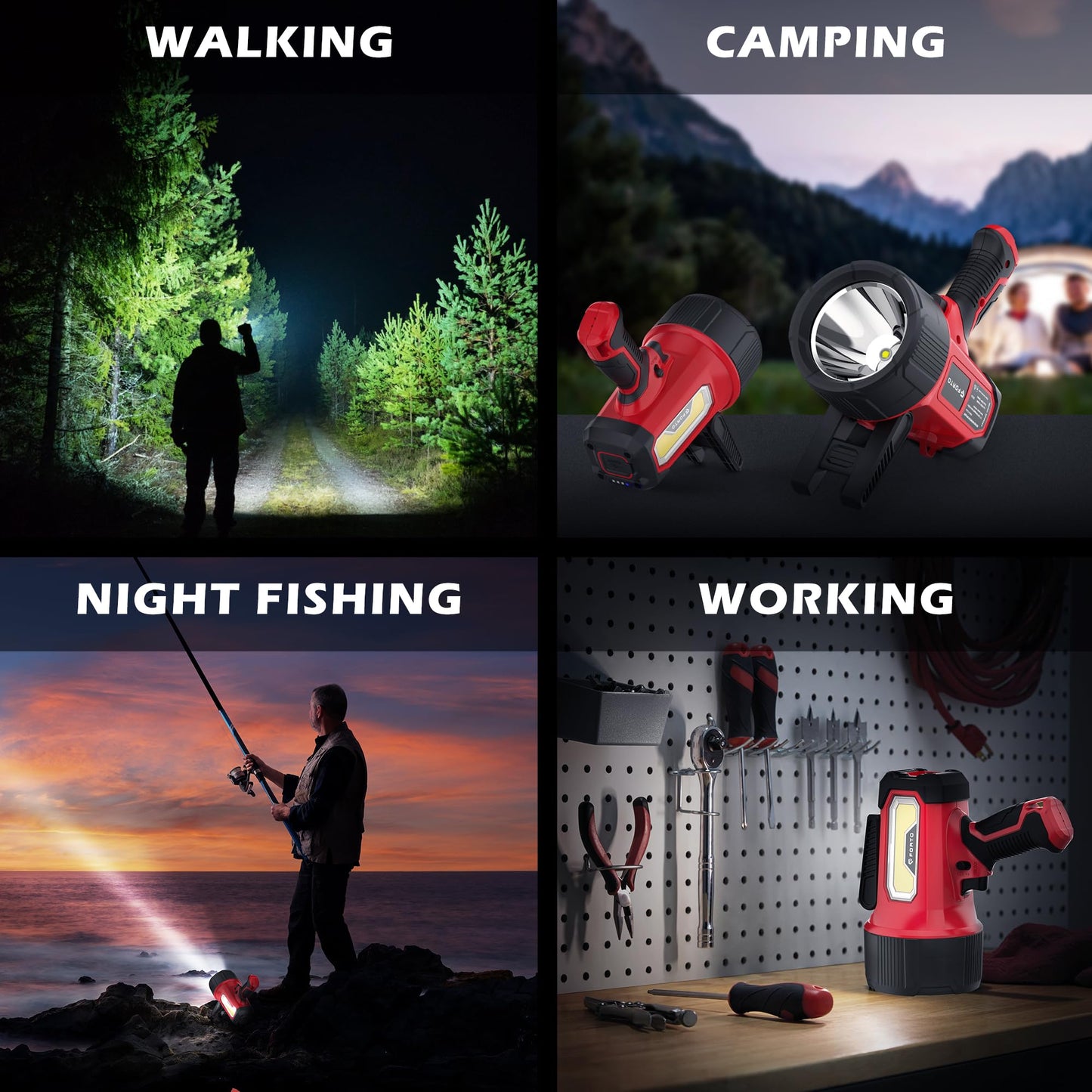 FORTO Rechargeable Spotlight 2000,000 Lumens, IPX7 Waterproof Bright LED Spotlight Flashlight with COB Light& Foldable Stand,6 Light Modes for Boating Camping Hiking Hunting，Red