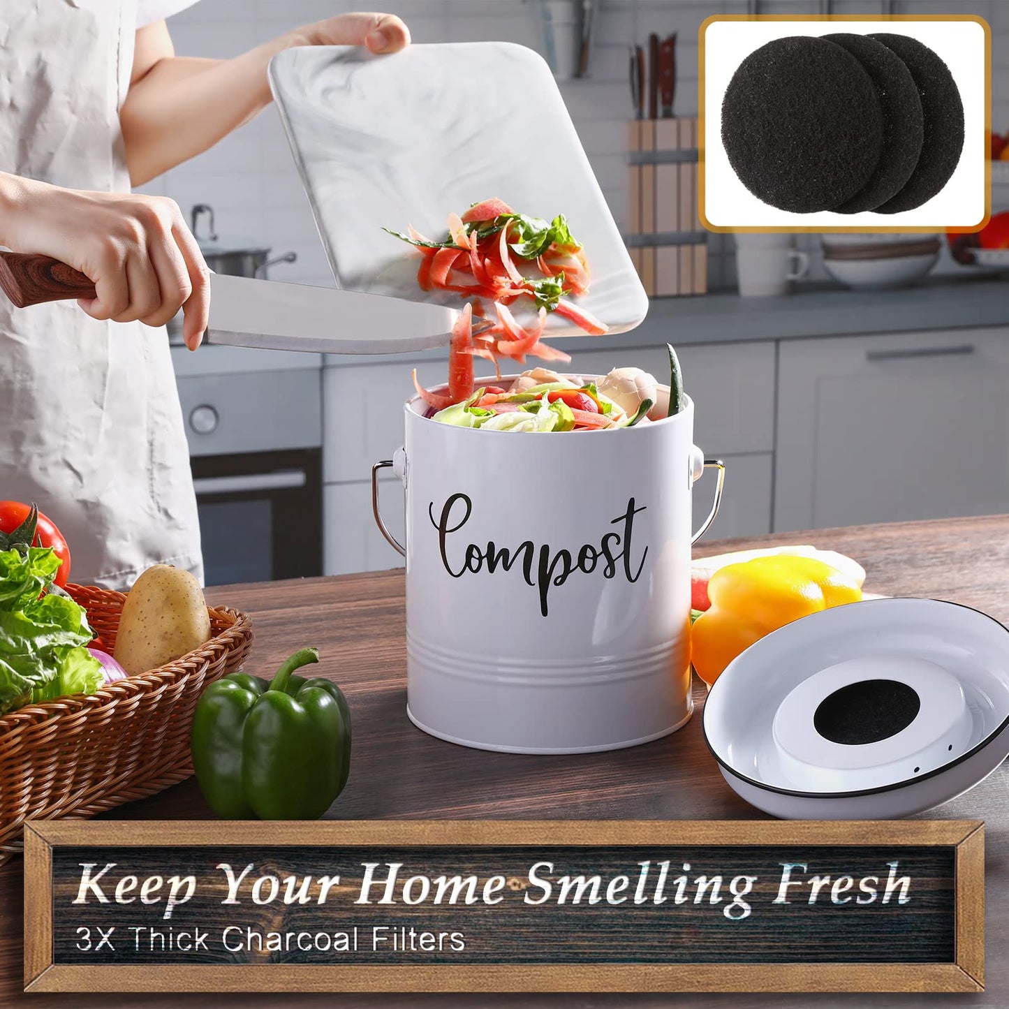 DAYYET Compost Bin Kitchen, 1.3 Gallon Farmhouse Kitchen Compost Bin Countertop, Indoor Countertop Compost Bucket with Lid and Charcoal Filters, White