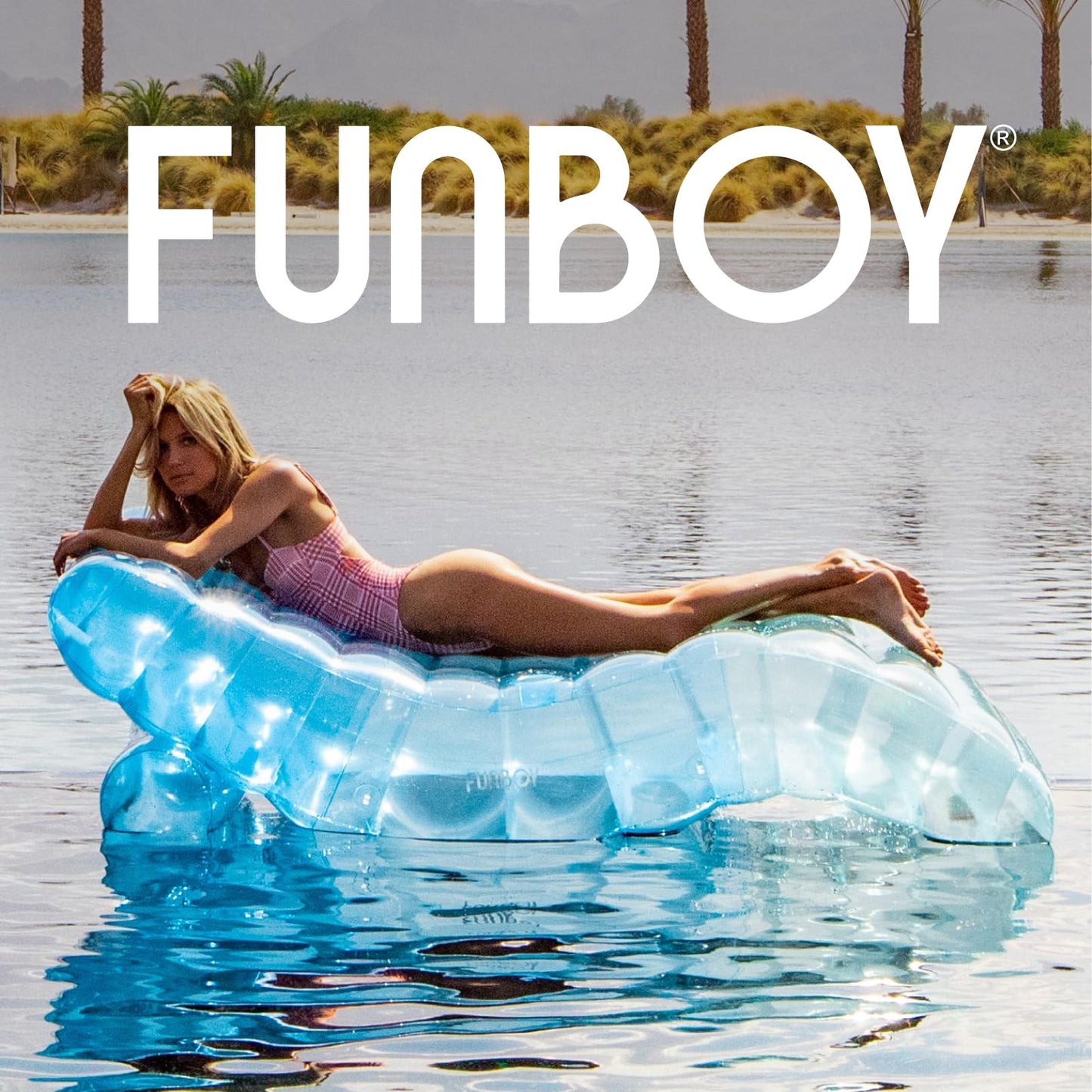 FUNBOY Giant Inflatable Luxury Tri-Color Blue Chaise Lounger, Chair Pool Float for Adults, Transparent Blue Material, Perfect for a Summer Pool Party