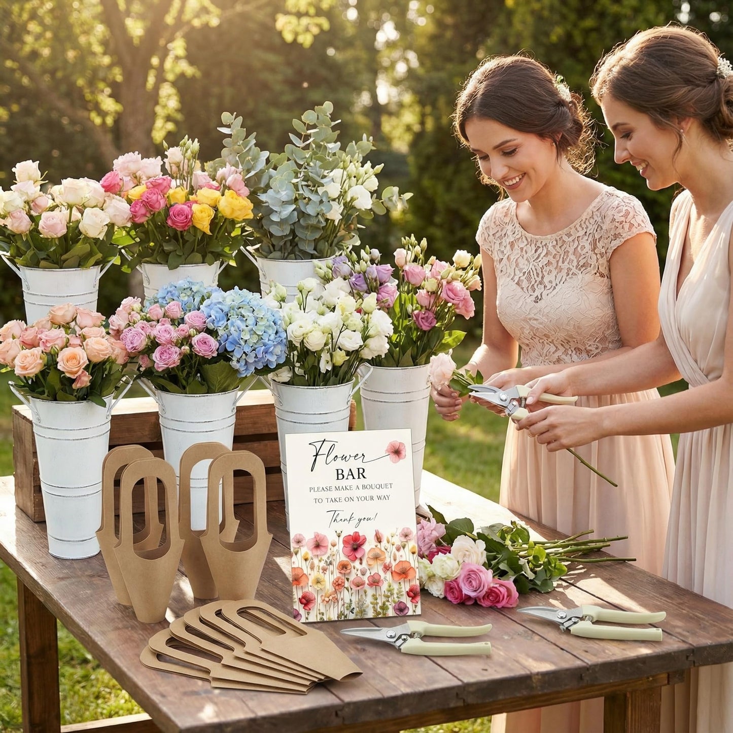 LEIFIDE Flower Bar Buckets Set Kit Bloom Bar Supplies Include Wood Sign Gift Bags Iron Bucket Garden Flower Shears for Wedding Bridal Shower Graduation Birthday Table Centerpieces(39 Pcs,White)