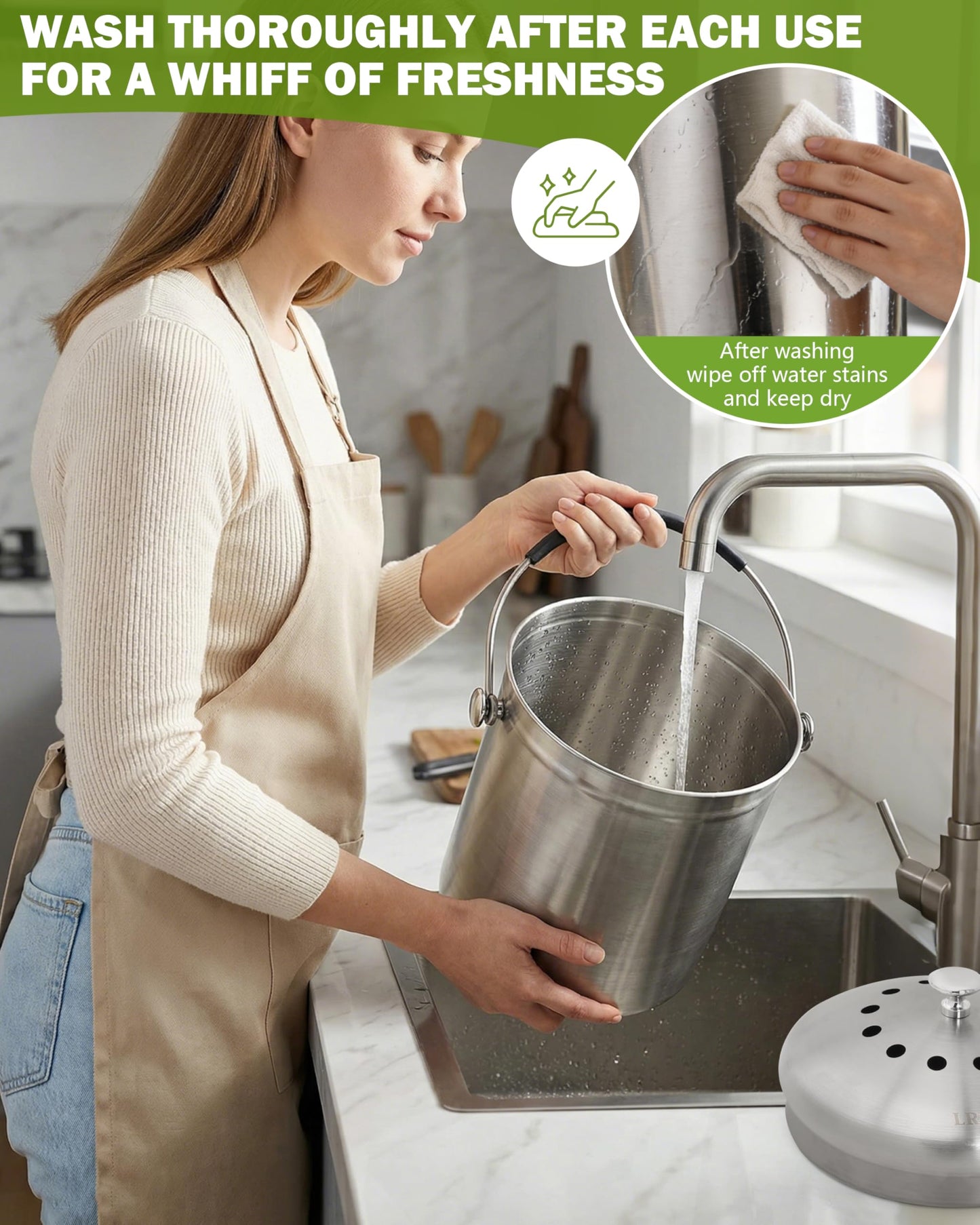 LRYYBTI Countertop Compost Bin Kitchen with Lid and 2 Charcoal Filter for Odorless Composting | Stainless Steel Kitchen Composter with Soft-Grip Handle (Silver, 1.3 Gallon)