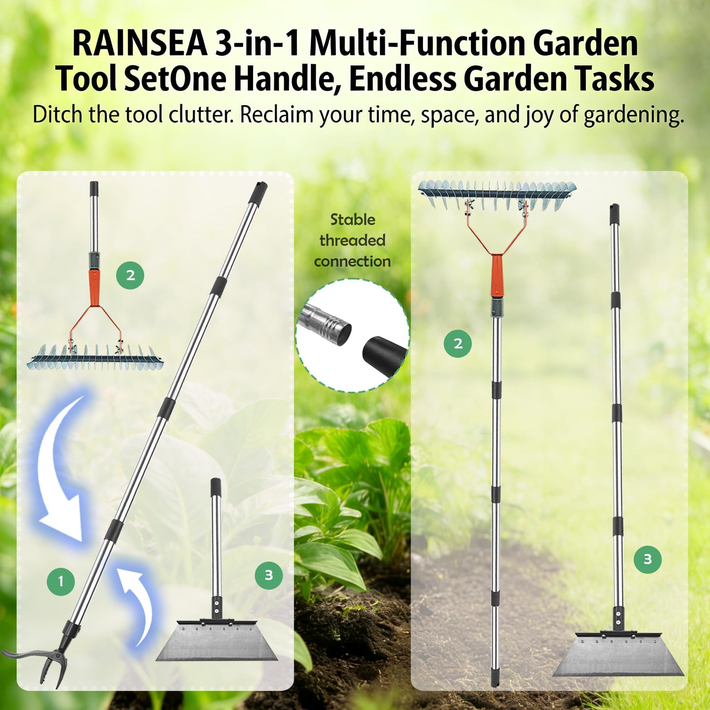 Garden Weed pullerToo,Heavy Duty 12" Multi Flat ShovelScraper, 14" Steel Thatch Rake with Adjustable Long Handle forLeaf & Moss& Edging & Ice & Snow Removal in Lawn, DrivewaysPatios, Cracks
