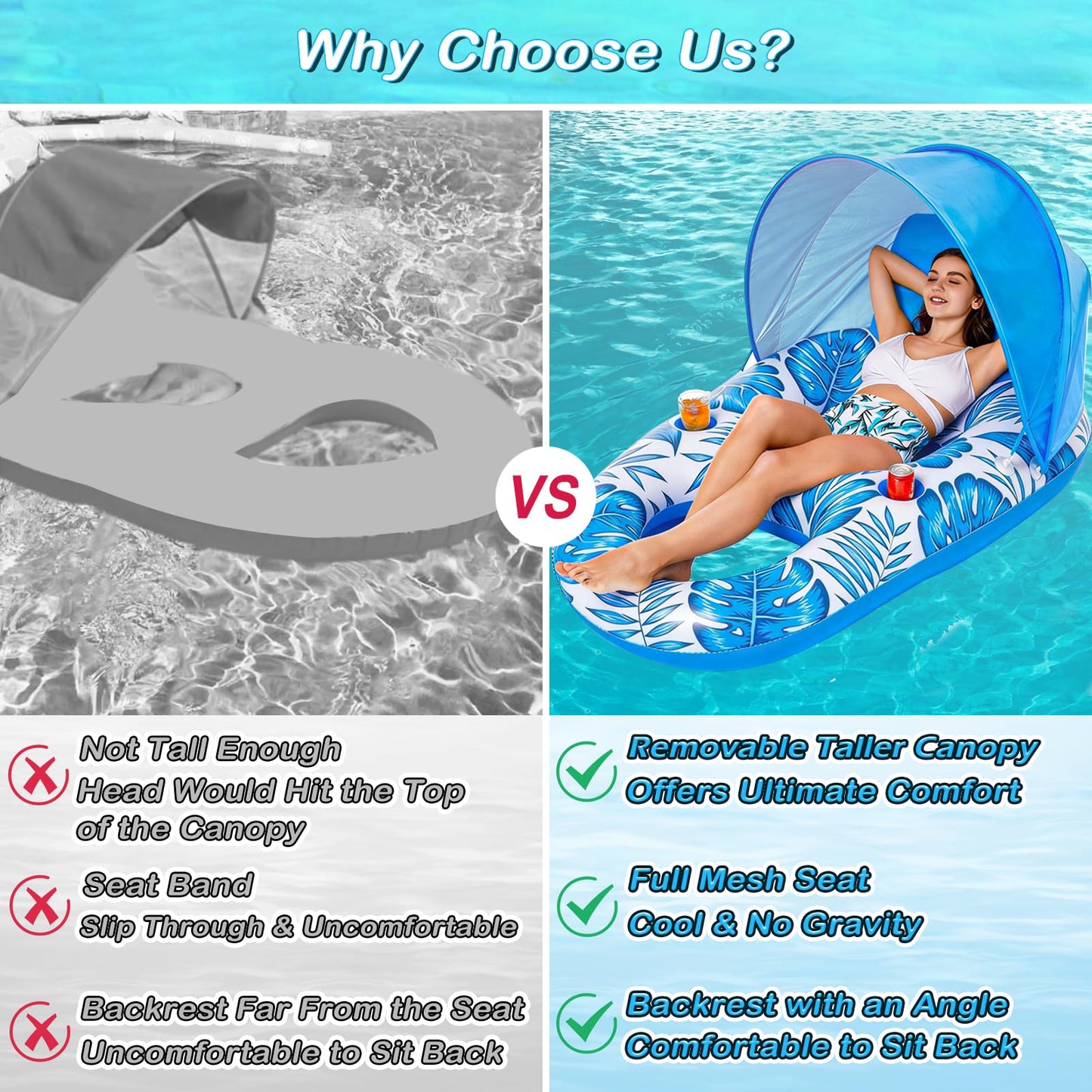 Jasonwell Pool Float with Canopy - Inflatable Pool Floaties Adult Lounger Floats Raft Floating Chair with Cup Holders for Swimming Pool Lake Water Lounge Float Beach Pool Party Toys for Adults (Blue)