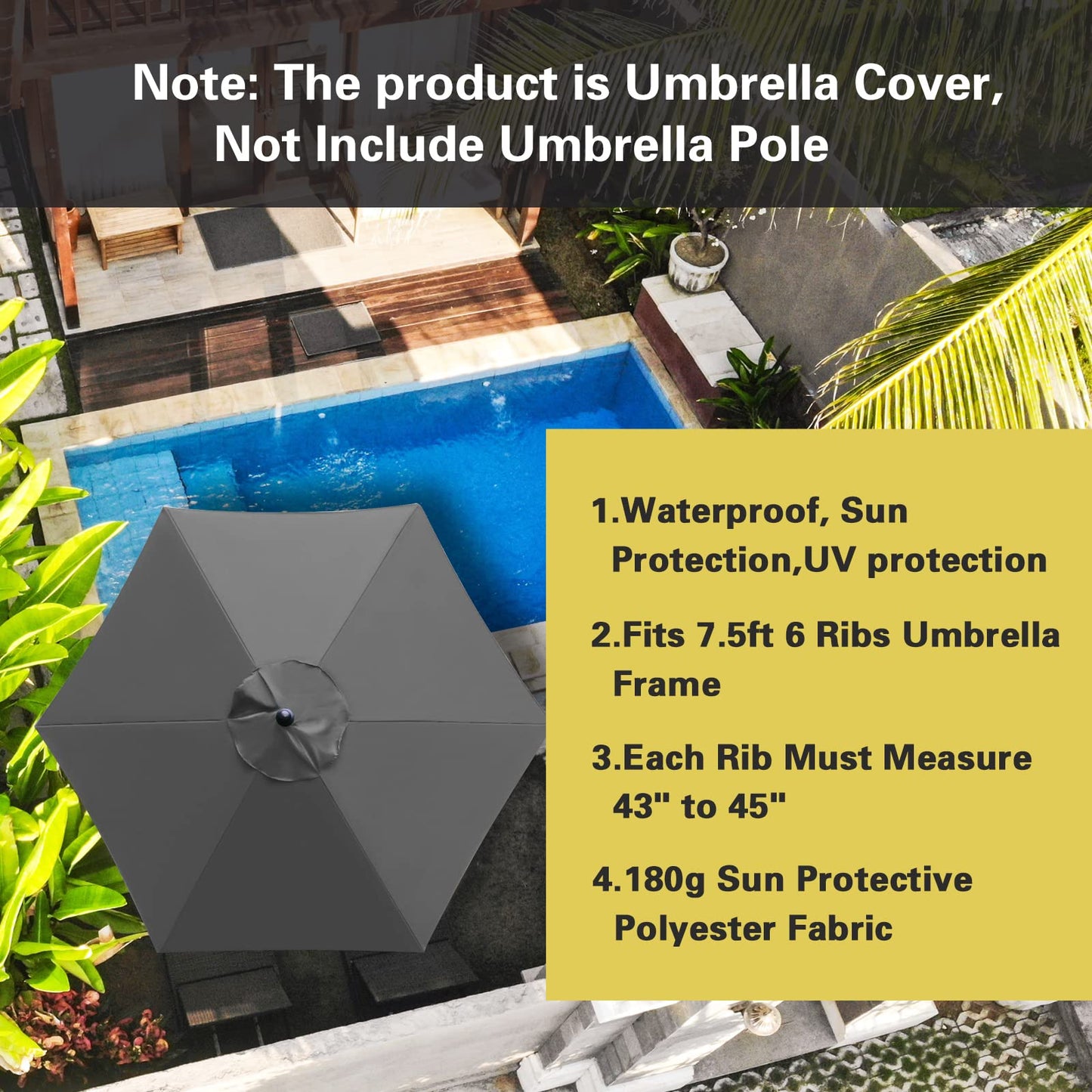 Sunnyglade 7.5Ft 6 Ribs Umbrella Canopy Replacement Patio Top Cover For Market Umbrella (Dark Gray)