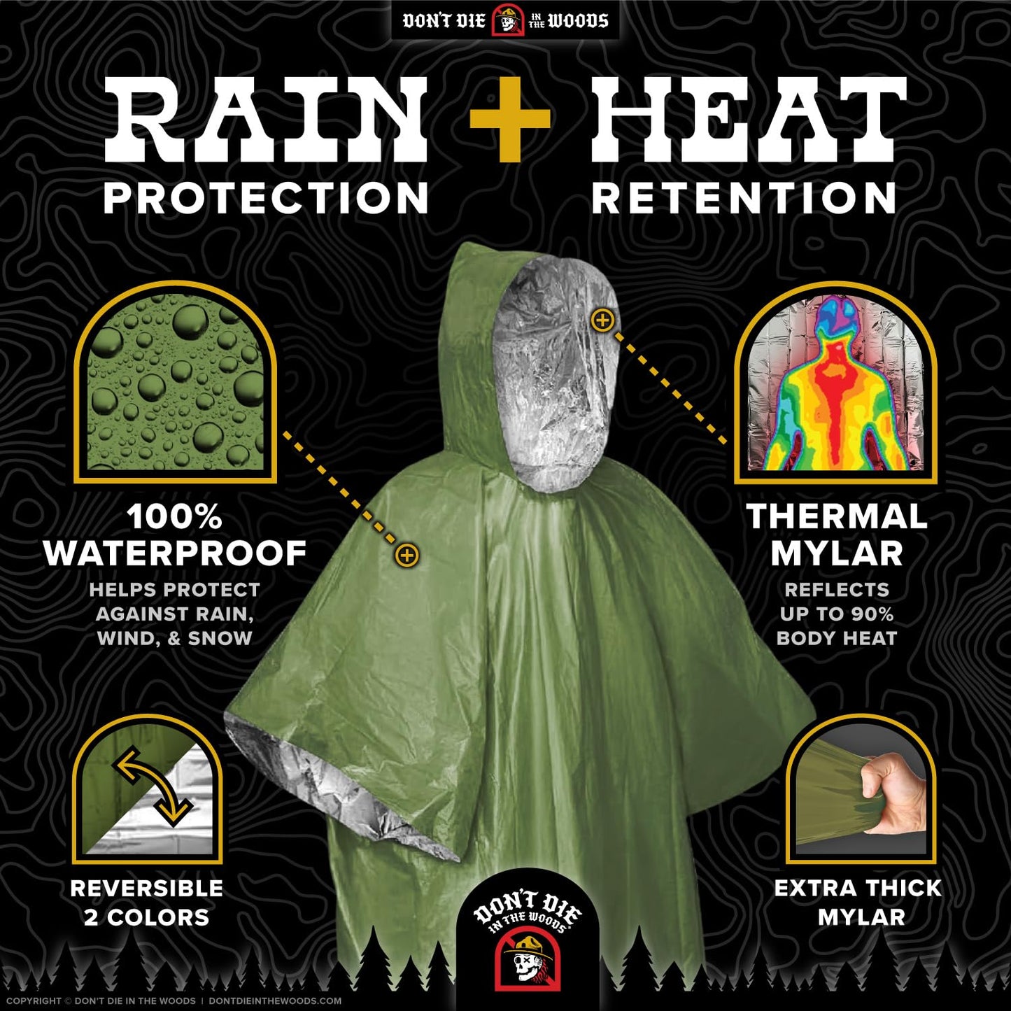 Don't Die In The Woods - Survival Poncho [4-Pack Starter Set] - Rain Protection + Heat Retention - Wearable Emergency Space Blanket For Hiking Camping Outdoor Gear (Green/Orange)