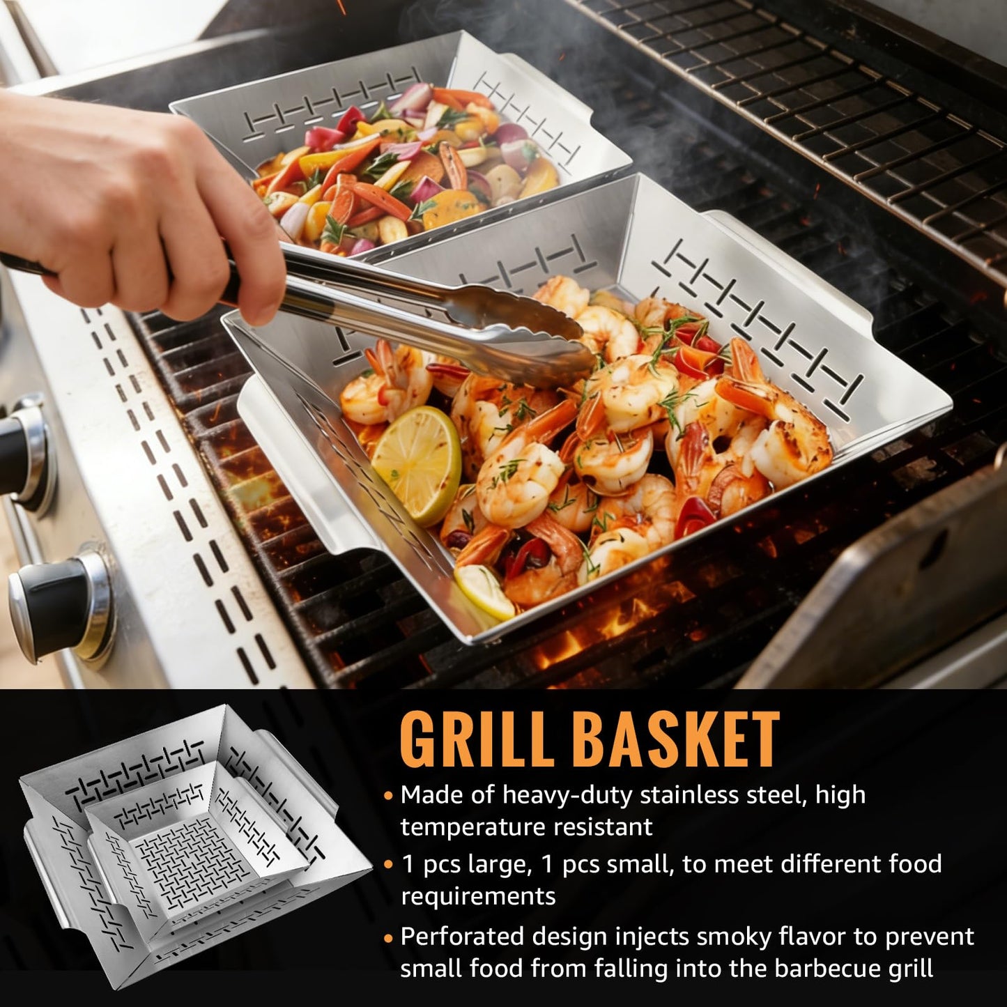 2 Pack Vegetables Grill Baskets for Veggies,Grill Basket for Outdoor Grill,Stainless Steel Grill Basket,Grilling Accessories for & Smokers,14"x12.5",white
