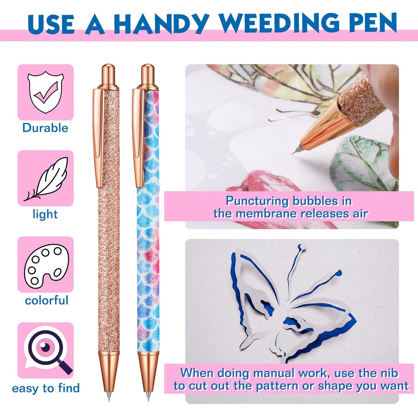 Spakon 4 Pcs Weeding Tools for Vinyl, 2 Pcs Air Release Pen Glitter Craft Weeding Point Retractable Pin Pen with 2 Pcs Felt Squeegees Scraper for Crafting Weeding Essential Adhesive Vinyl
