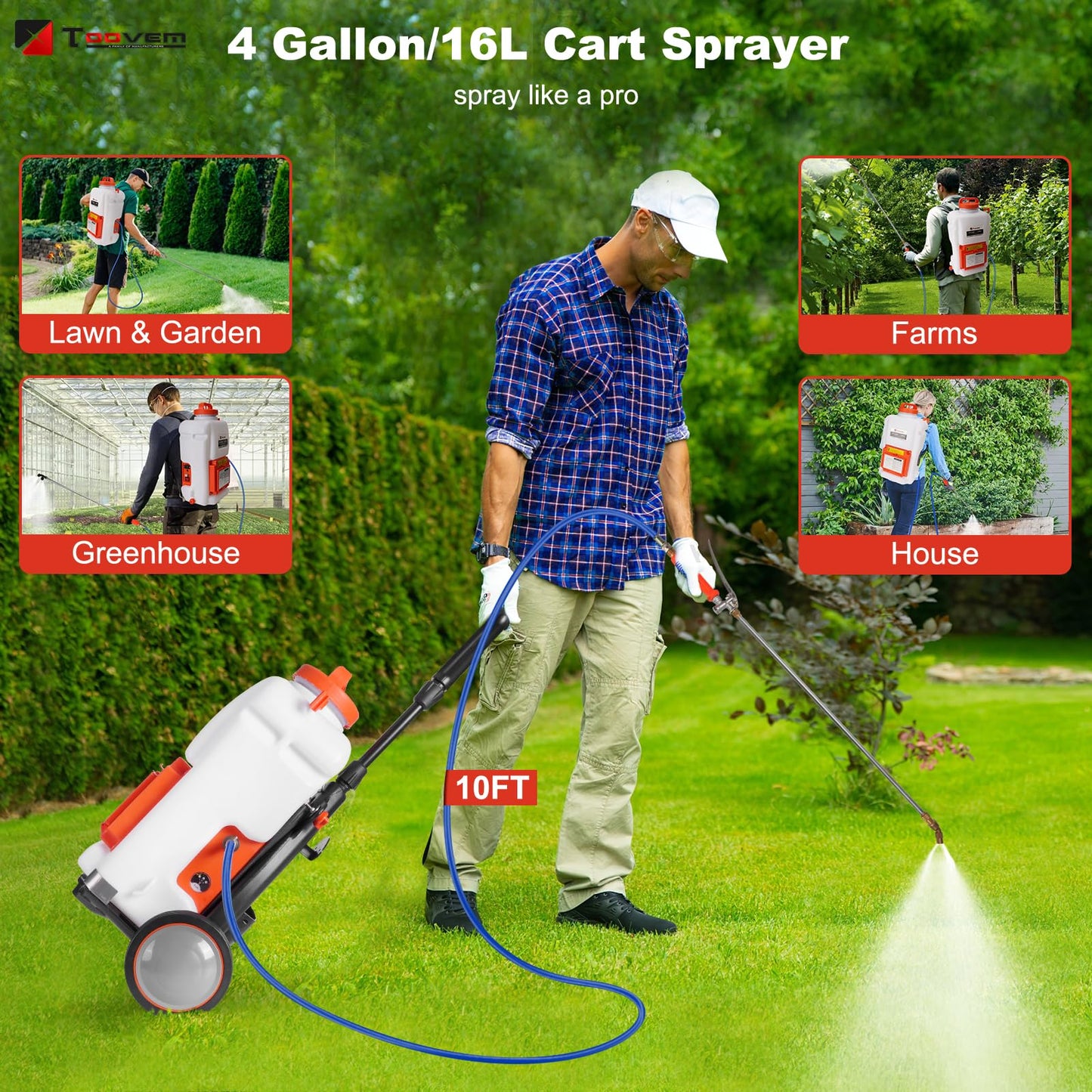 Toovem Battery Powered Backpack Sprayer 4 Gallon, Weed Yard Sprayer with Wand, Electric Backpack Garden Sprayer with Wheeled Cart for Weeding, Adjustable 0-94 PSI, 10FT Hose, 6 Nozzles