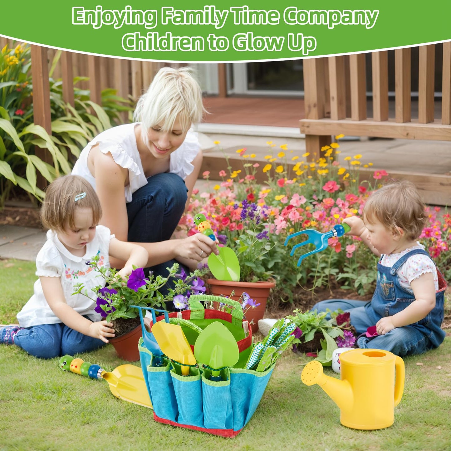 FITNATE Green Kids Garden Tools Set,6 PCS Gardening Tools for Kids Including Watering Can, Shovel, Rake, Fork, Children Gardening Gloves and Garden Tote Bag, All in One Set
