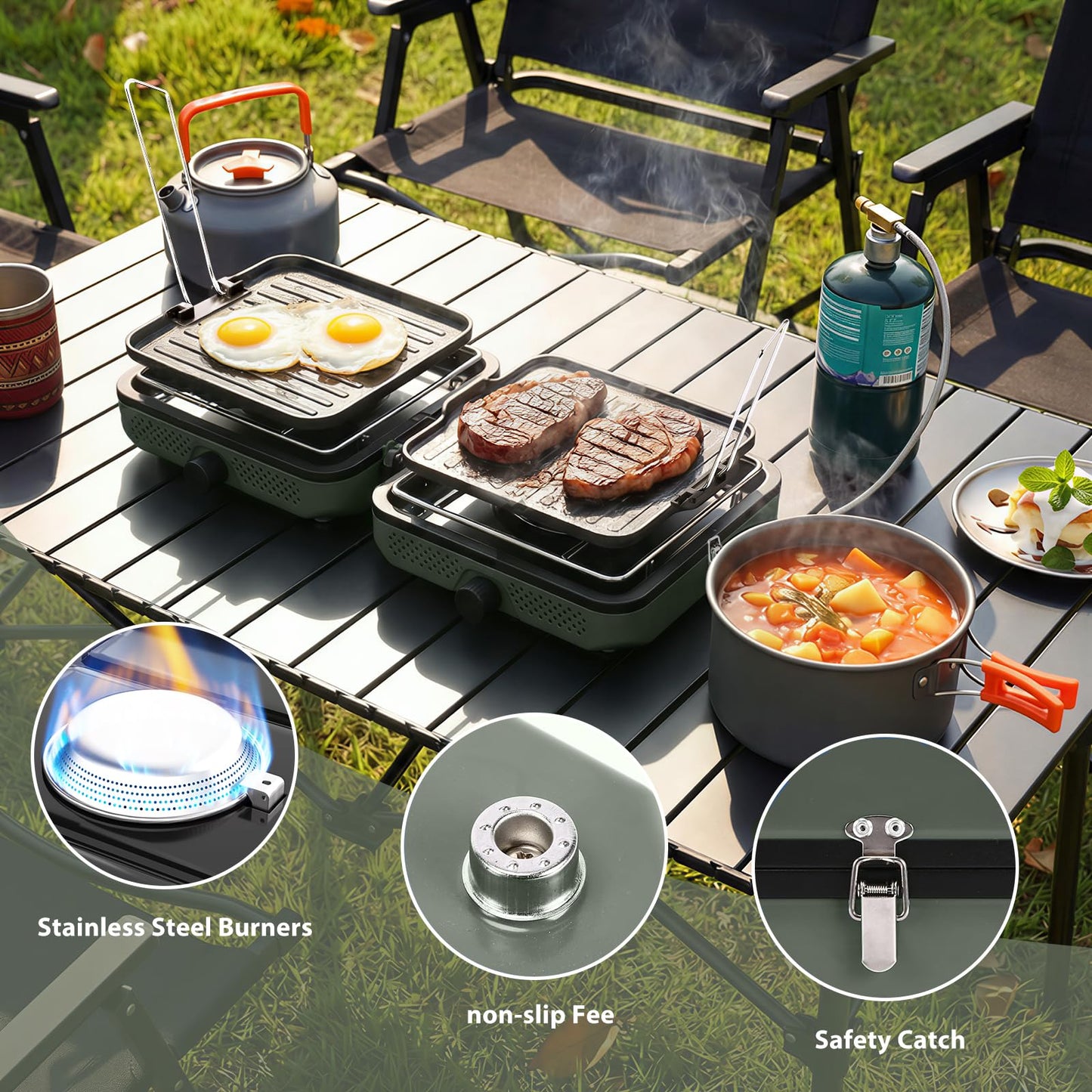 Hisencn Camping Stove,2 Burner Propane Camping Stove,Dual Griddles,30,000 BTU Portable Propane Stove with Carry Bag,Outdoor Cooking Stove set for Camping Gear,RV Essentials,Camp Gifts for Man,Green
