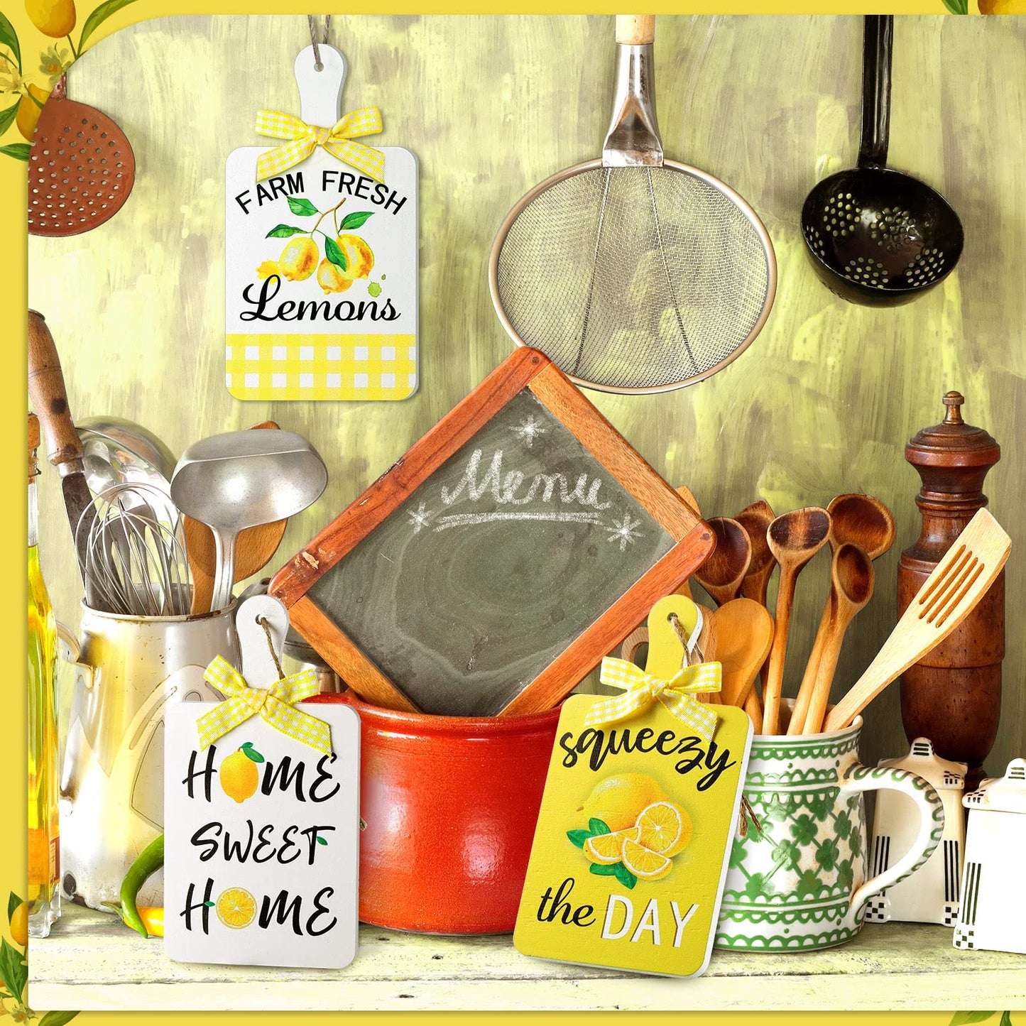Yookeer 3 Pieces Wooden Hanging Signs Wall Decor Farmhouse Wood Hanging Signs for Home Kitchen(Lemon)