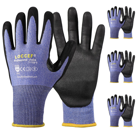 LOCCEF 3 Pairs Safety Work Gloves for Men Women,Touchscreen Compatible, Superior Dexterity,Level 5 Cut Resistant Work Gloves(9/L)