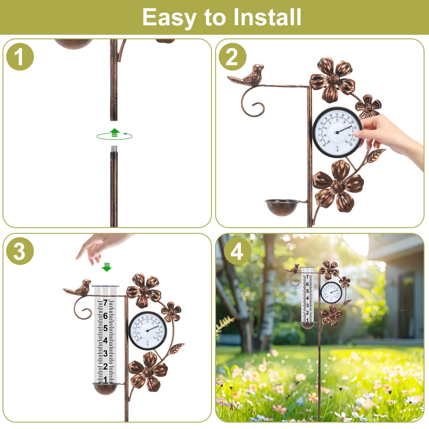shumi Rain Gauge Outdoor with Thermometer Garden Decor, Bird and Flower Decorative Outdoor Rain Gauges for Yard Patio Lawn, Gardening Gifts for Women