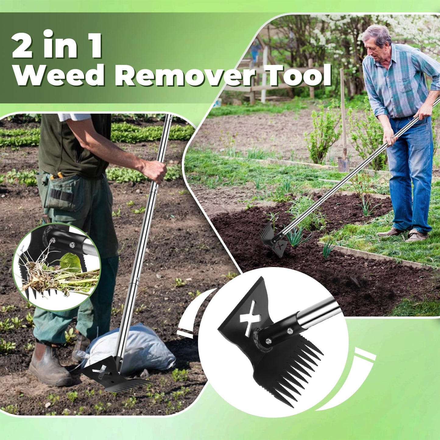 LAWFYMORI Weed Puller Tool with Long Handle 2.0, Upgraded Weeding Remover Tool, 56" Heavy Duty 10 Teeth Weed Rake & Garden Hoe 2 in 1 Manual Hand Gardening Weeder Tools for Garden, Yard, Patio, Lawn