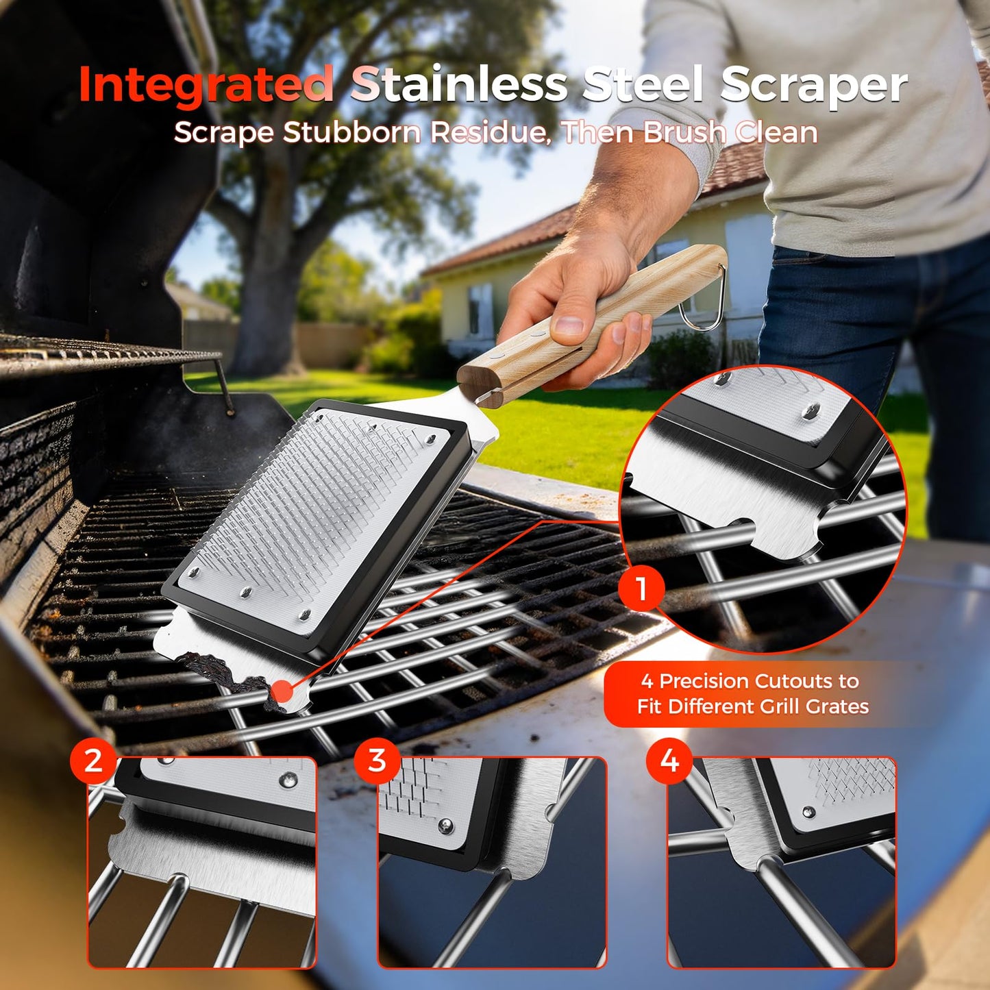 EG evgoer BBQ Grill Brush with U-Shaped Fixed Design, 45° Angled Steel Filaments for Deep Cleaning, Wooden Handle Grate Cleaner with Hanging Hook for Gas, Charcoal & Smoker (16 Inch)