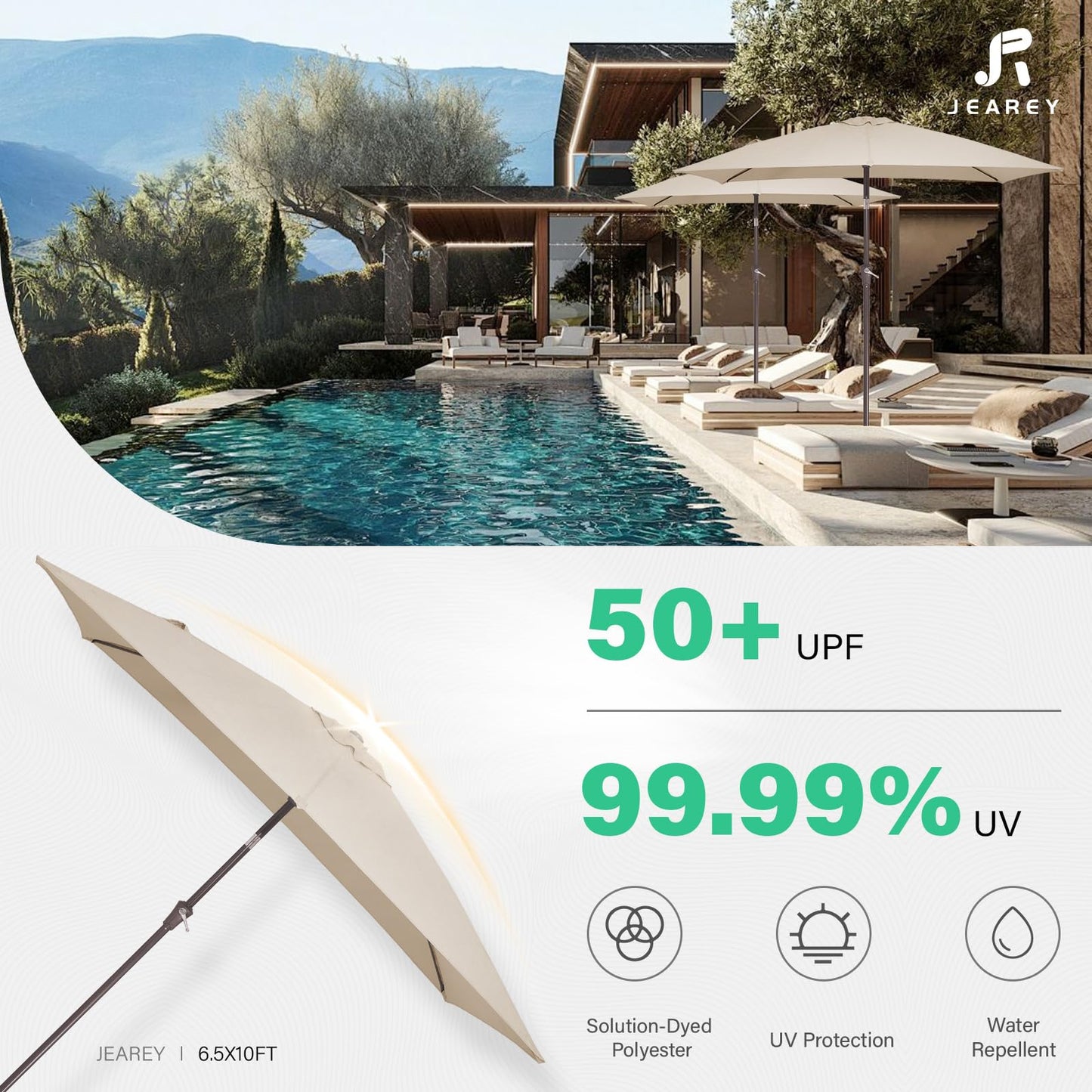 JEAREY 6.5x10 ft Rectangular Patio Umbrellas Rectangle Outdoor Umbrella with Push Button Tilt and Crank, Market Table Umbrella 6 Sturdy Ribs UV Protection for Poolside Garden Backyard Deck, Beige