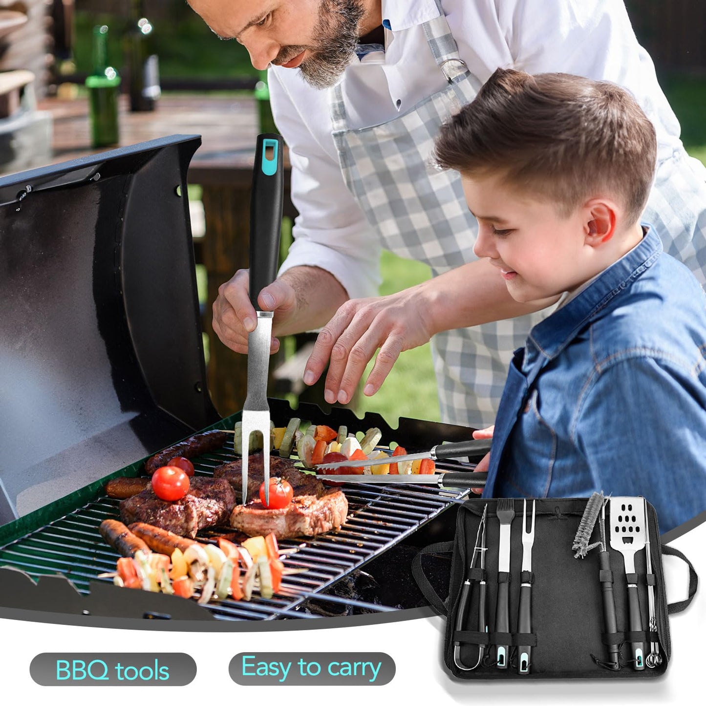 XSSIVE 5-Piece Grill Tools Set, Heavy Duty BBQ Utensils with Extra Tough Wire Brush, Spatula, Tongs, Fork & Basting Brush – Outdoor Grilling Accessories & Gifts for Men Dad (Camping, Backyard)