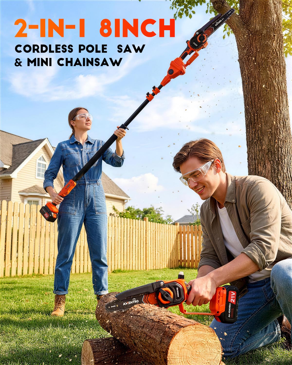 Axientro Electric Pole Saws for Tree Trimming, 2-in-1 Bruless Motor Mini Chainsaw & Pole Saw, 8-in Electric Chainsaw Cordless with Extendsion Pole, 2x4000mAh Li Batteries & Charger, 16FT Max Reach