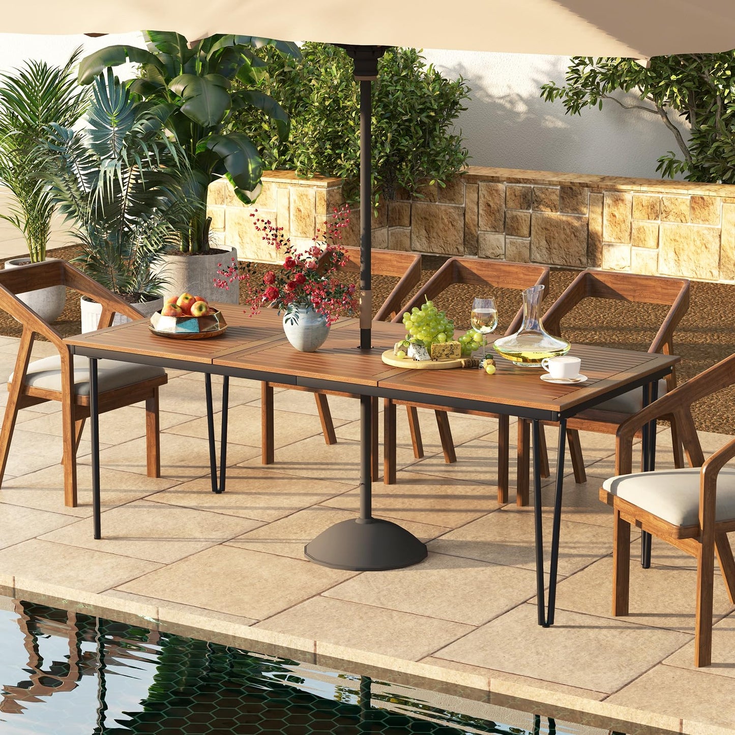 Tangkula 79 Inch Outdoor Dining Table for 8, Acacia Wood 8-Person Patio Table with 1.9 Inch Umbrella Hole, Metal Legs & Adjustable Foot Pads, Rectangular Outside Table for Garden, Poolside & Backyard