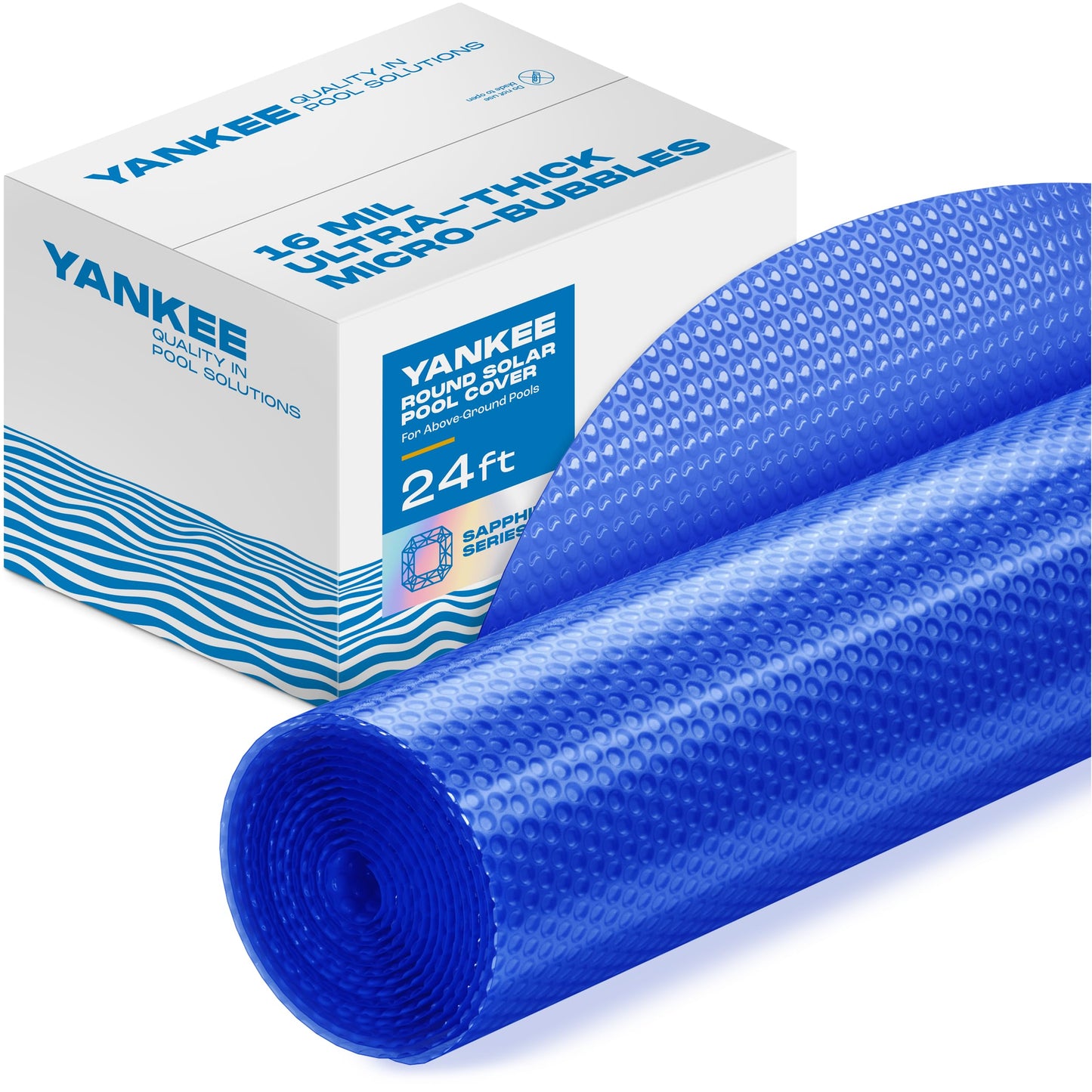 Sapphire Series Round Solar Pool Cover - Extra Durable 16-Mil Polymer Micro Bubble for 24 ft Round Above Ground Pool by Yankee, Keeps Water Warm, Prevents Loss, Weatherproof Solar Blanket