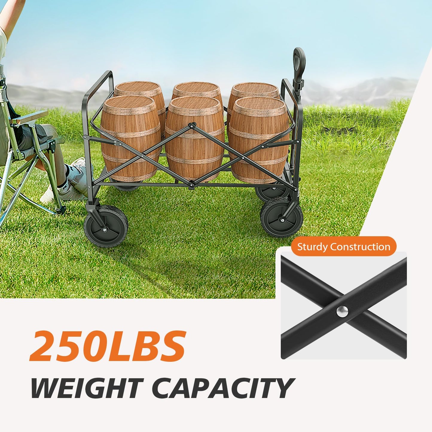 Sweetcrispy Collapsible Foldable Wagon Cart, Large Capacity Garden Cart with Wheels, Heavy Duty Utility Grocery Wagon with Drink Holders for Shopping Sports Camping - 30IN Blue