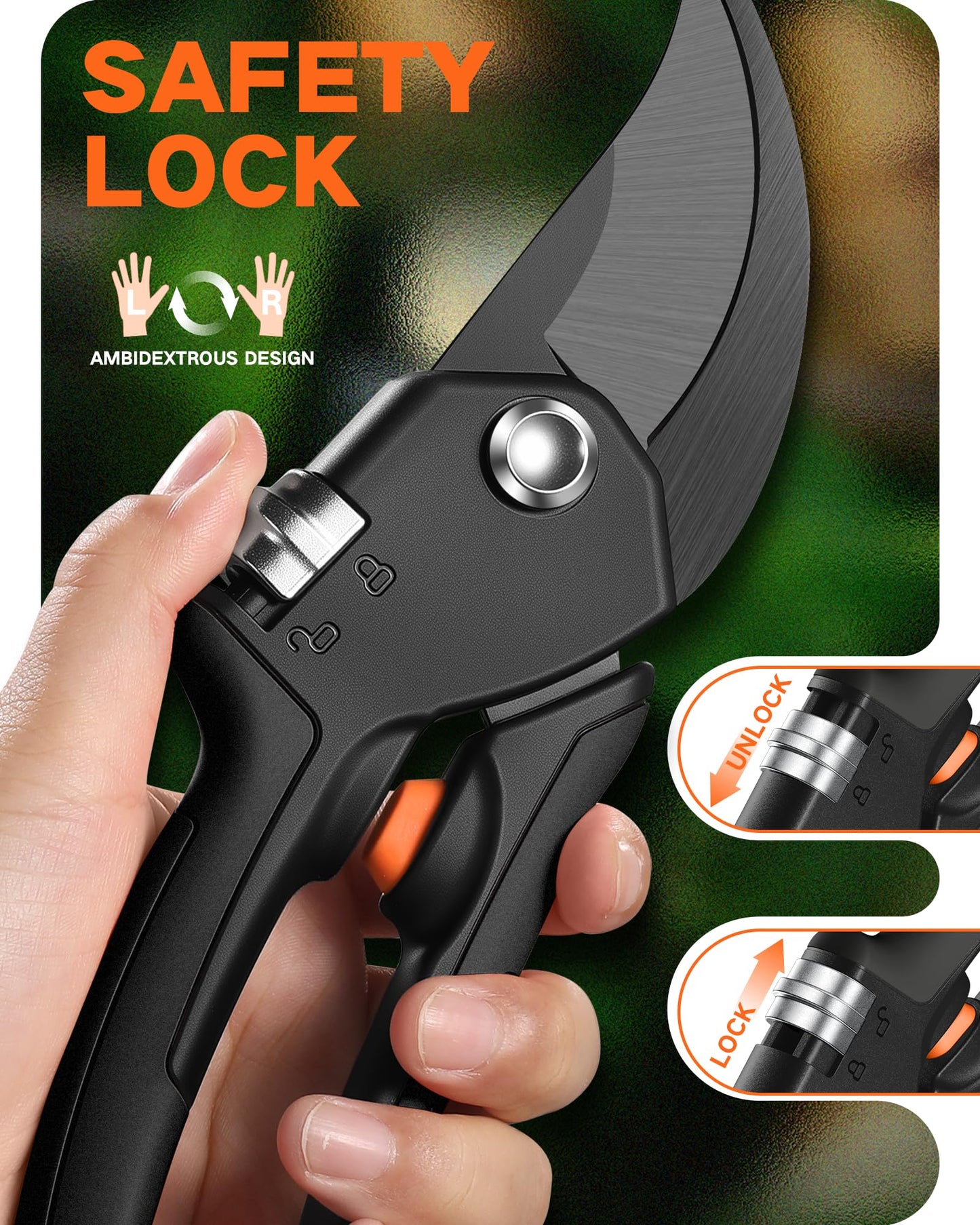 VOTREK 8.5" Pruning Shears for Gardening, 【Unique Stepless Handle Opening】Professional Bypass Garden Clipper, Heavy Duty Plant Pruners for Branch 【SK5 Steel Blades】【All Hand Sizes】, Classic Black