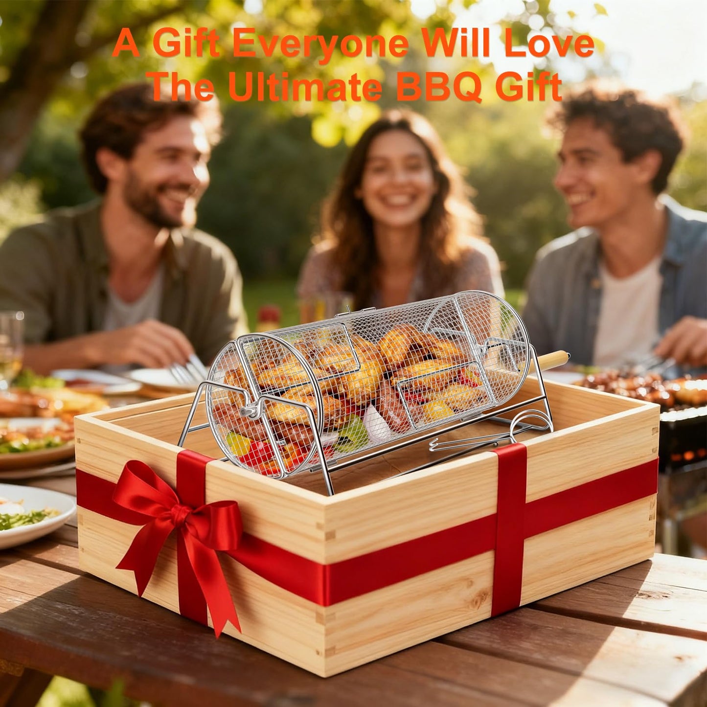 2-in-1 Rotatable Rolling Grill Basket, 304 Stainless Steel, with Removable Wooden Dual Handles & Rotating Stand, BBQ Accessories Tools for Vegetables Shrimp, Gifts for Birthday/Men/Dad/Husband
