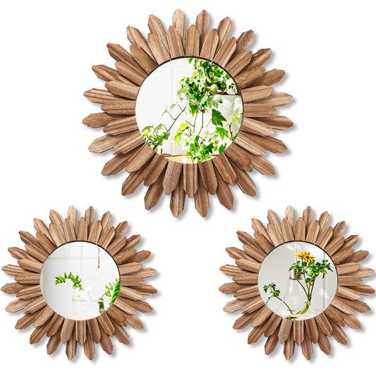 Gulfmew 3 Pcs Boho Wall Decor Round Sunburst Mirror Boho Circle Mirror with Rustic Wood Frame Decorative Hanging Wall Art for Farmhouse Home Decor,17 Inch and 12 Inch(Wood Color)