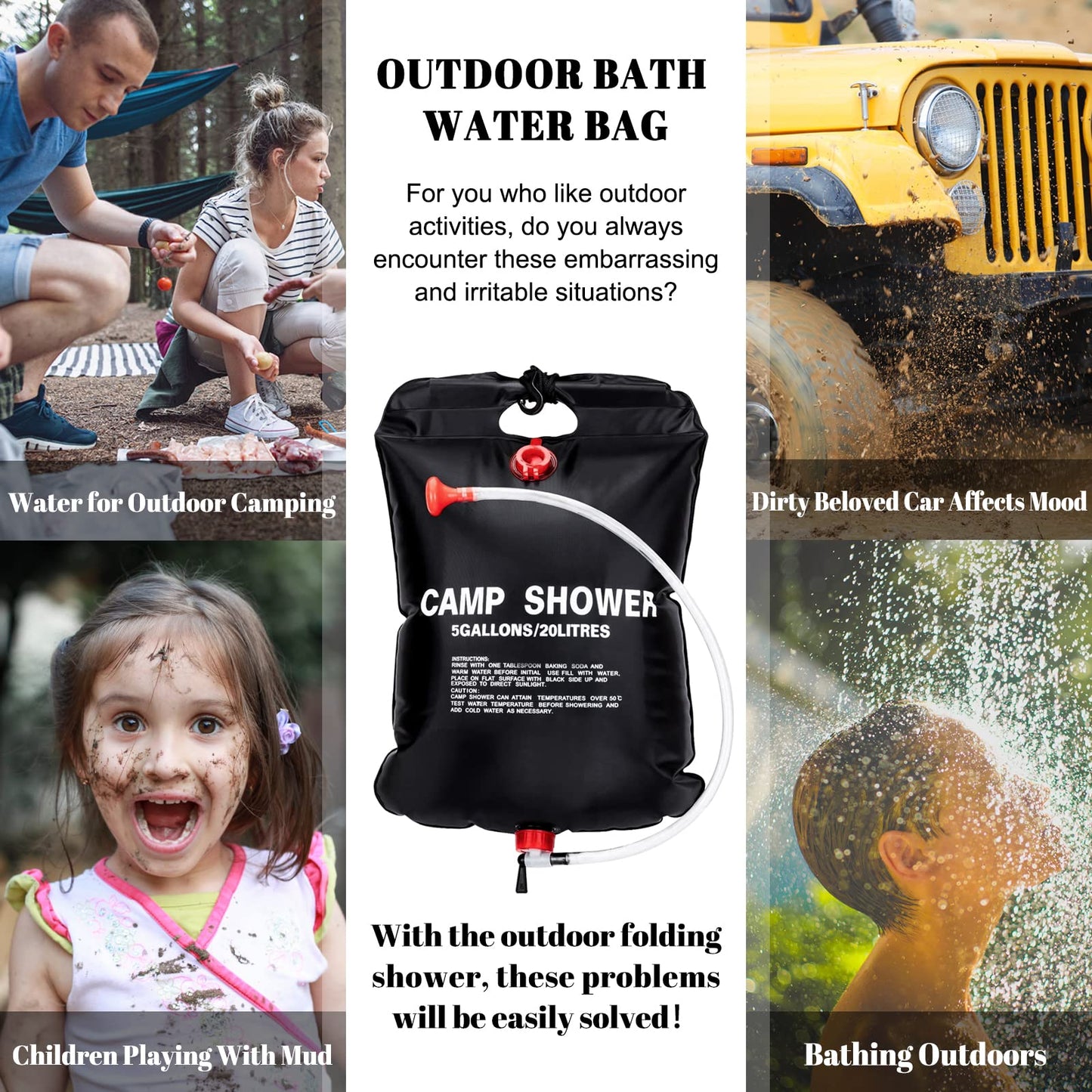 ailker Solar Shower Bag for Camp: 2 Pack 5 Gallons/20L Portable Solar Camping Shower Bag with Removable Hose and On-Off Switchable Shower Head for Camping Beach Swimming Outdoor Traveling