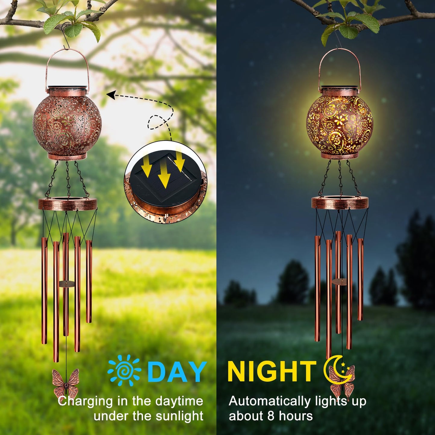 YHmall Solar Wind Chimes for Outside, Butterfly Birthday Gifts for Women Mom, Flower Solar Lantern Windchimes Outdoors, Hanging Memorial Wind Chimes for Garden Decor