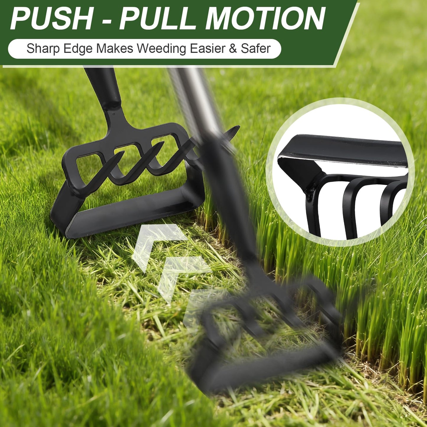 REILEIHODE Hoe Garden Tool for Weeding 2-in-1 Heavy Duty Metal Stirrup Hoe 4 Tines Prong Weed Hoe with 25-74 inch Long Adjustable Handle for Women Kids Men