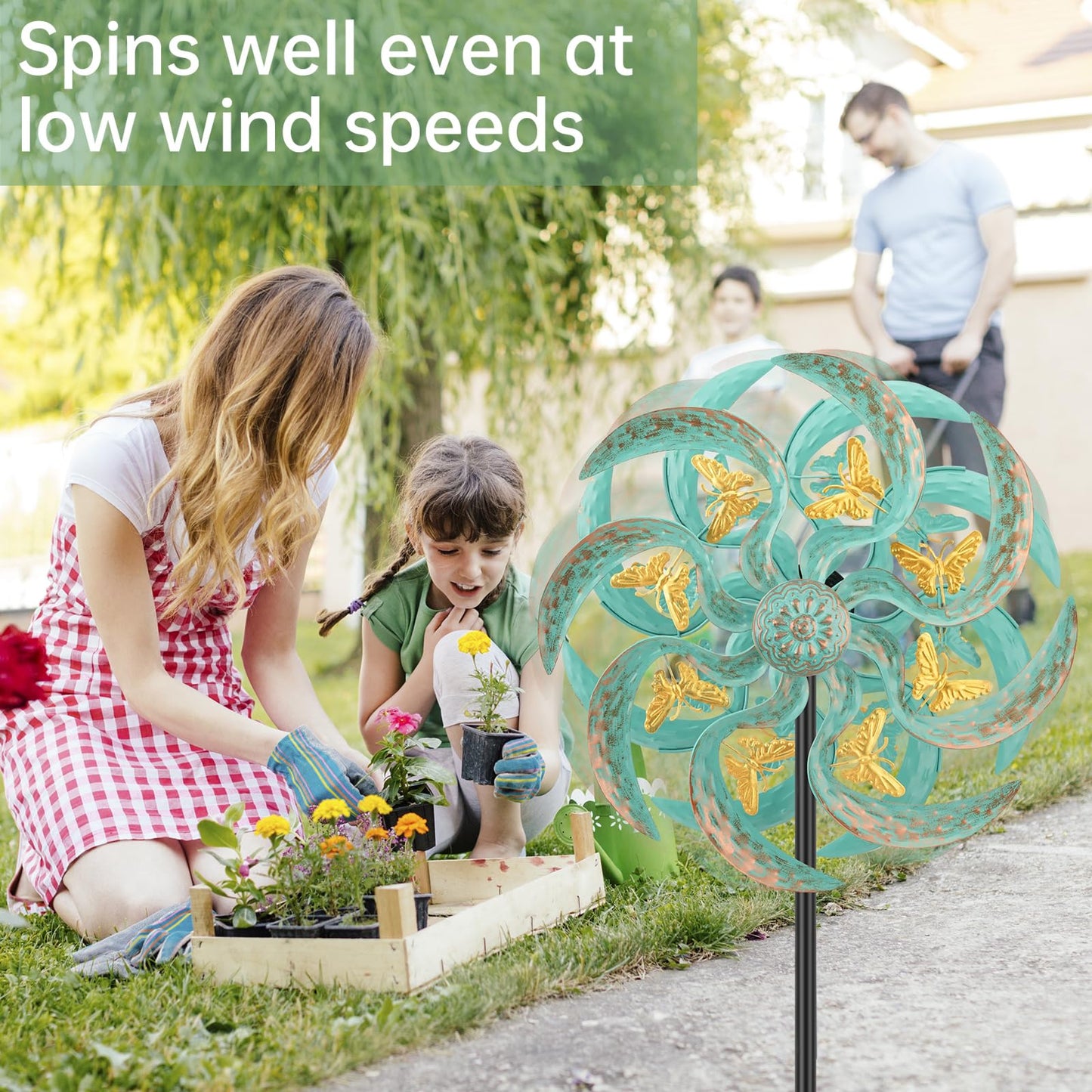 Jusimux Metal Wind Spinner Outdoor, Golden Butterfly Kinetic Wind Sculpture Spinners with Metal Stake, Yard Art Decor for Patio, Lawn & Garden, Creative Gifts 57.5 * 13.4 Inch