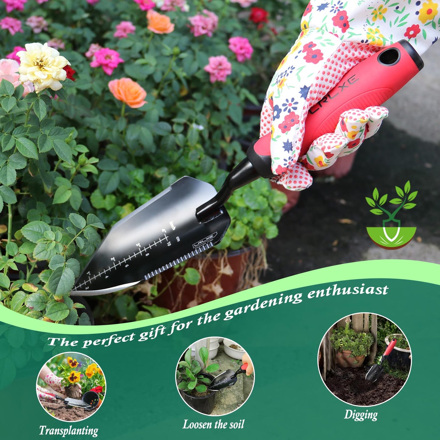LRLXE Heavy Duty Garden Trowel, Stainless Steel Pointed Hand Shovel with Non‑Slip Rubber Handle, Ideal for Digging, Weeding, Transplanting, Planting Bulbs & Soil Scooping