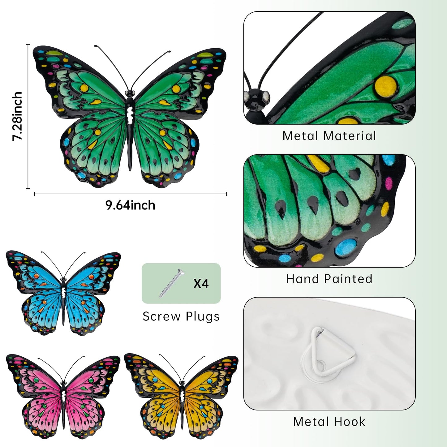 HHUWRUL 4 Pack Metal Butterfly Wall Decor, 9.6-Inch Outdoor Fence Wall Art Decor, Hanging Ornament for Garden, Yard, Living Room, Bedroom