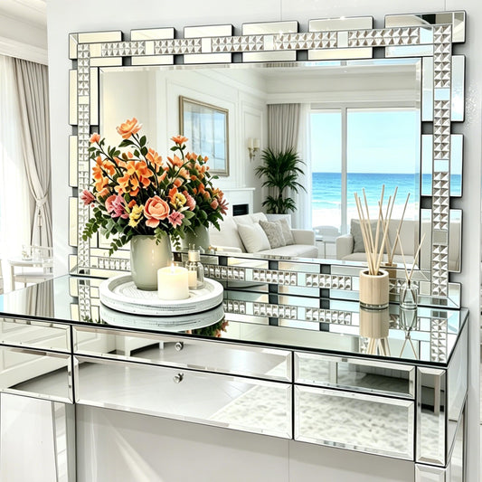 Chende Crystal Large Wall Mirror for Decor, Rectangular Large Living Room Mirror with Beveled Edge and Glass Frame, Entrance, Fireplace, Home Office, Horizontal/Vertical Hanging, 32" x 47"