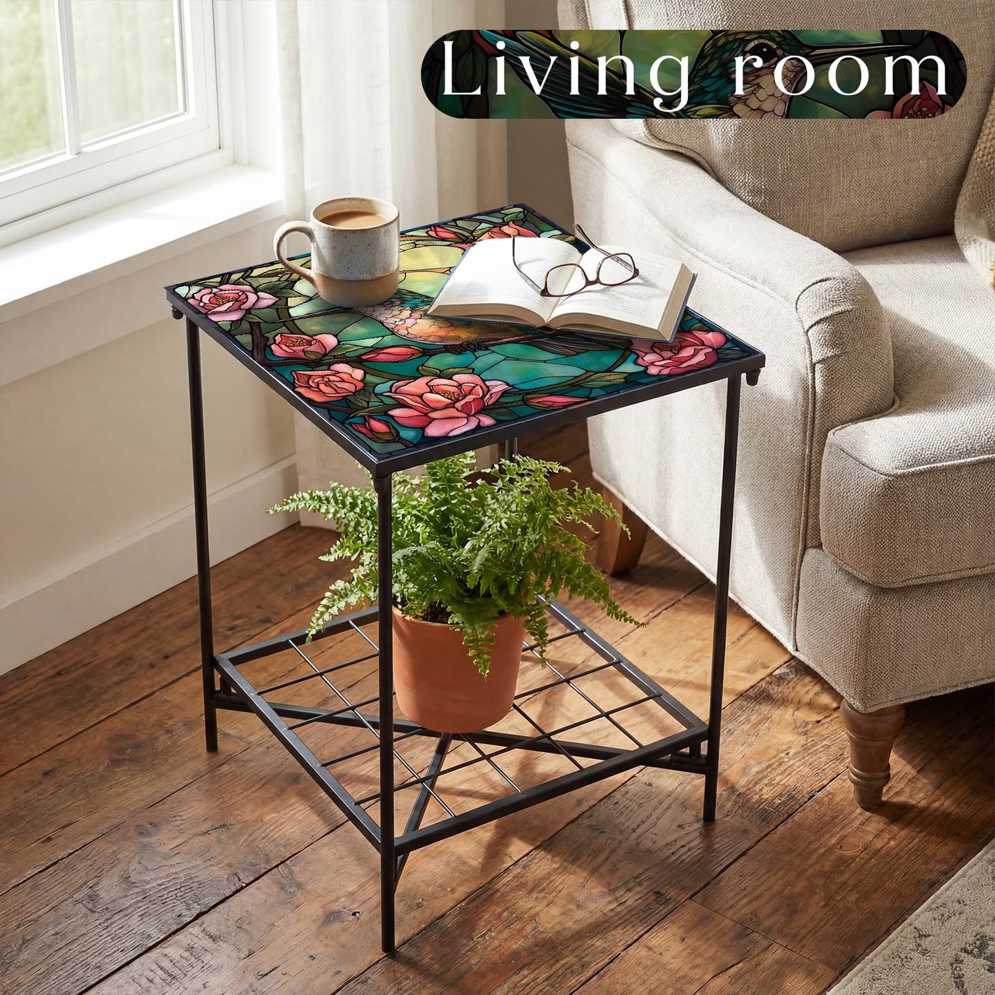 Cinnvoice Outdoor Side Table 2-Tier Storage Square Small Mosaic Patio Accent Indoor End Plant Coffee Tea Table for Yard Patio Porch Garden Living Room, Bedroom(Hummingbird Style)