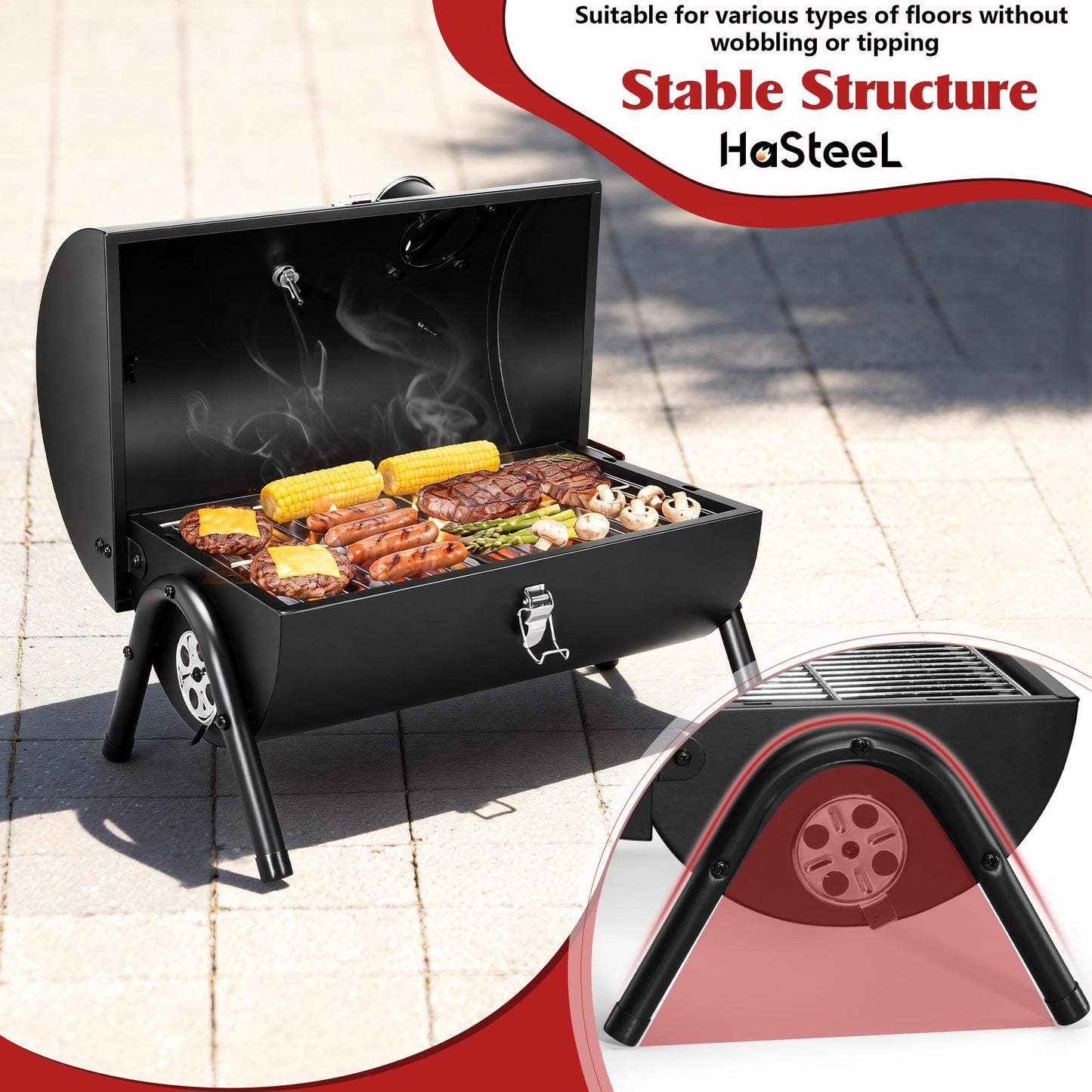 Portable Charcoal Grill with Thermometer, HaSteeL Small Tabletop Barbecue Grill Smoker for Outdoor Camping Backyard Beach BBQ, 117 Square Inches Cooking Area, Thick Steel, Screwdriver, Black