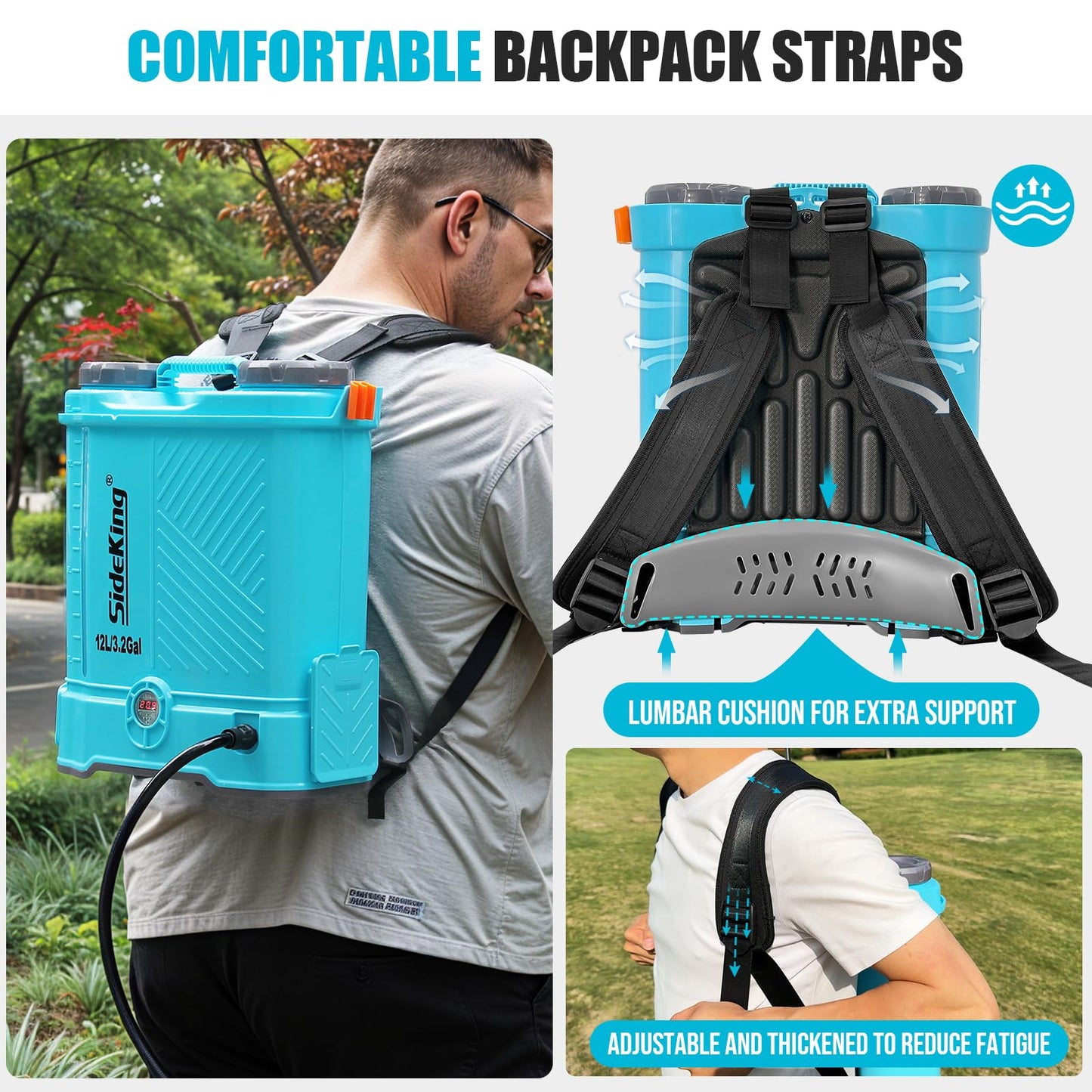 SideKing Battery Powered Backpack Sprayer 3.2 Gallon, 0-80 PSI Adjustable Pressure Sprayer Compatible with Makita 18V Battery, Electric Sprayer with Wand, 5 Nozzles, 2.0Ah Battery&Charger Included