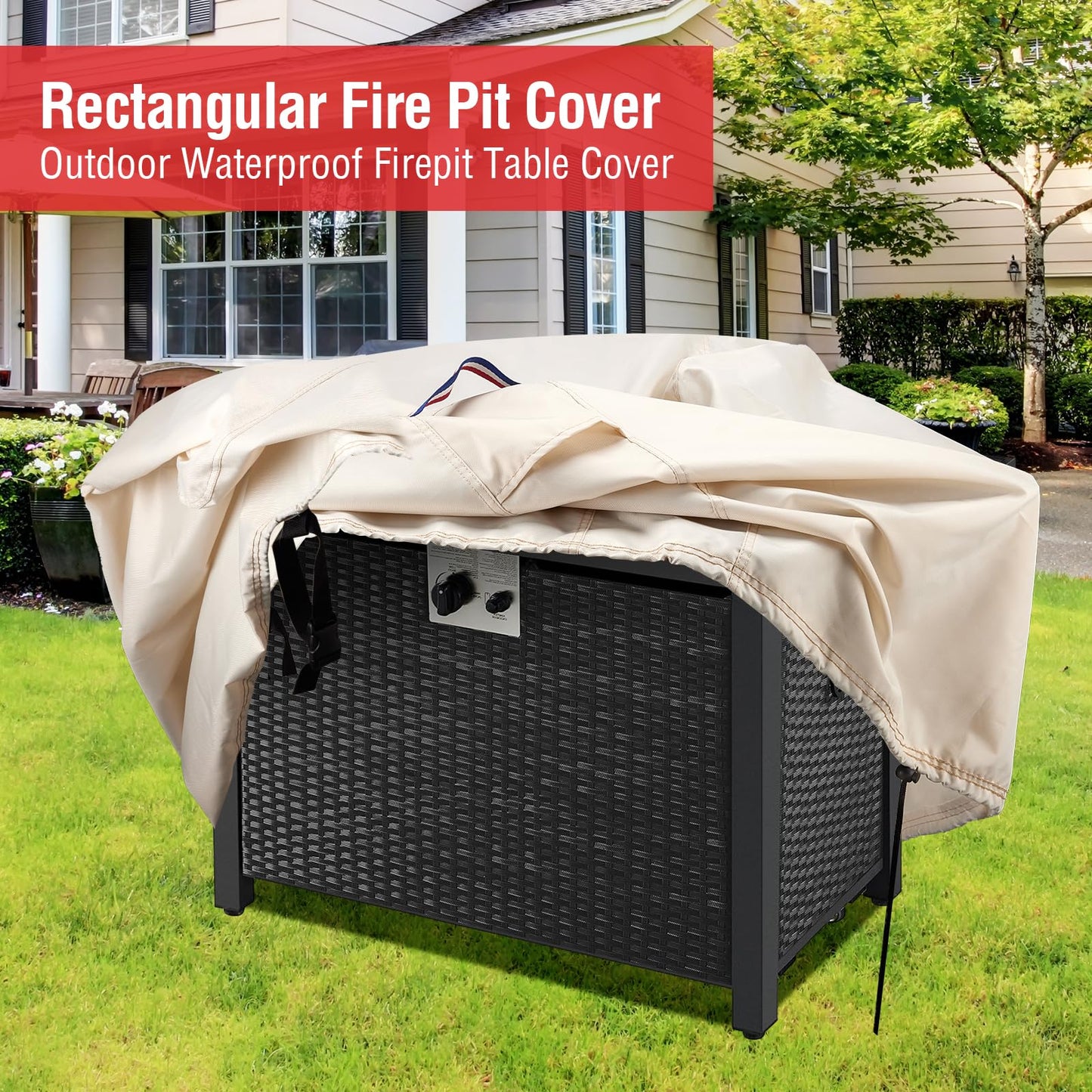 Youlvy Fire Pit Cover Rectangular 65 Inch - Waterproof Outdoor Fire Table Cover Rectangle Heavy Duty, 600D Patio Propane Gas Firepit Cover Rectangular Tear Weather Resistant - 65 x 40 x 27 Inch Beige