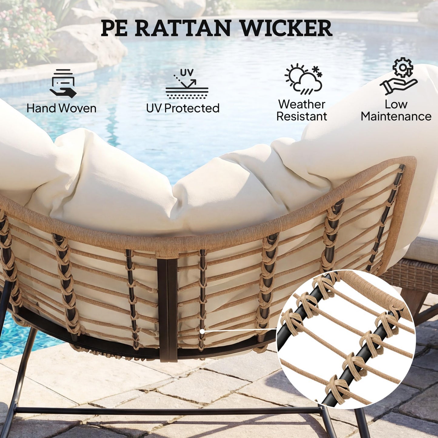 Outsunny Papasan Rocking Chair, Wicker Oversized Indoor Outdoor Rocking Papasan Chair with Cushion, PE Rattan Outdoor Rocker Egg Chairs for Living Room, Garden, Patio, Balcony, Beige