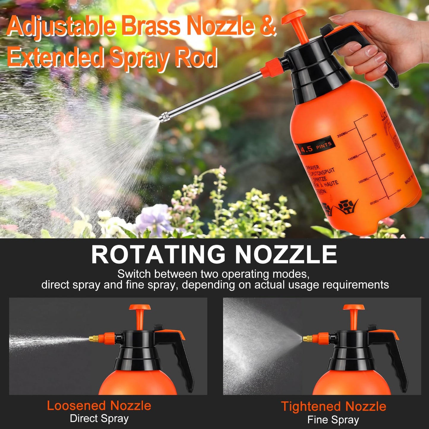 Acellegic 2 Set Handheld Pump Sprayer Pump Spray Bottle Garden Sprayer Plant Mister Water Spray Bottle with Adjustable Nozzle Extended Rod for Spraying Watering Fertilizing Cleaning(2L,Orange)