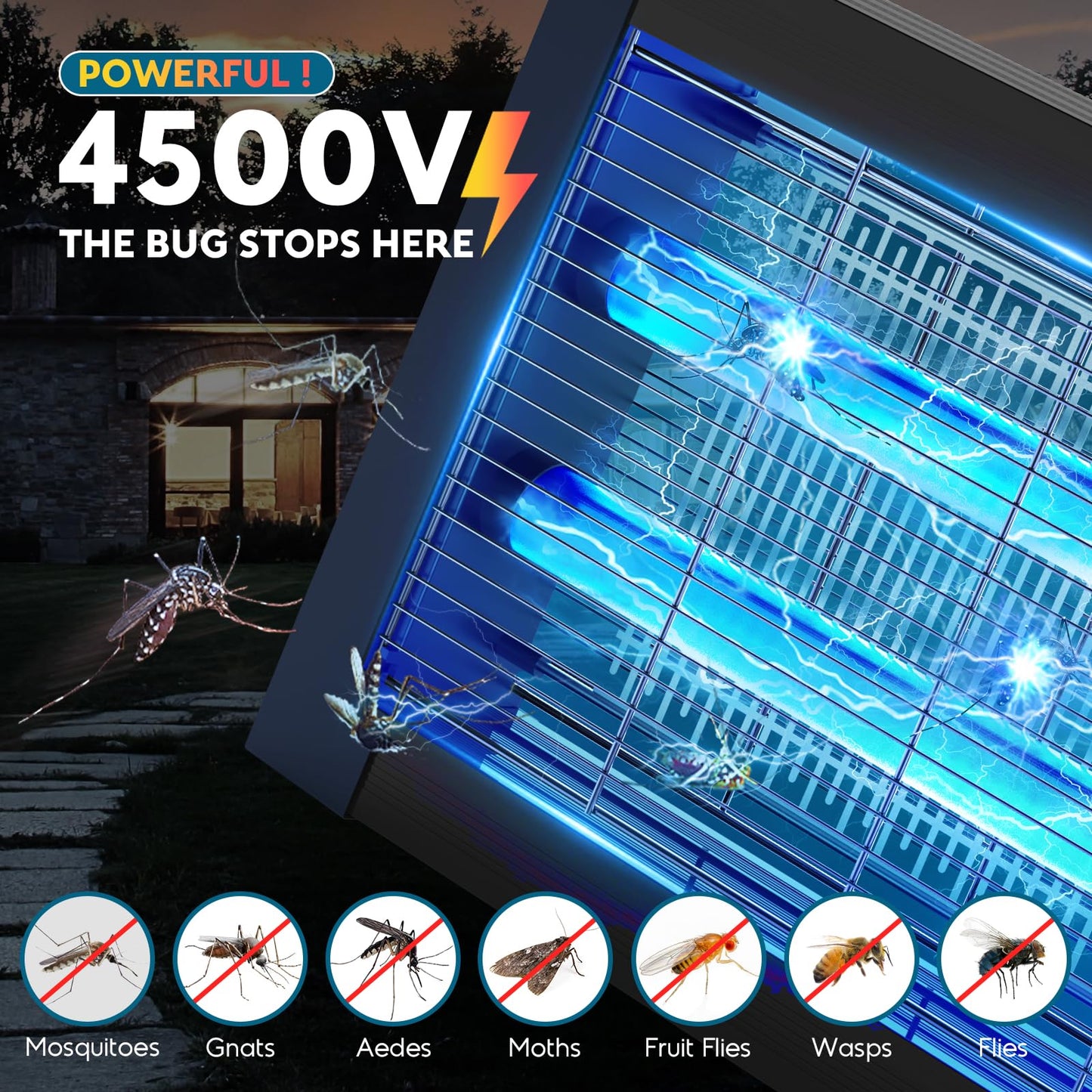 Solar Bug Zapper Outdoor, Waterproof Mosquito Zapper Outdoor Solar Powered, 4500V Electric Bug Zapper Indoor w/Smart Light Sensor, Mosquito Trap Fly Zapper for Patio Kitchen Garage Yard Camping